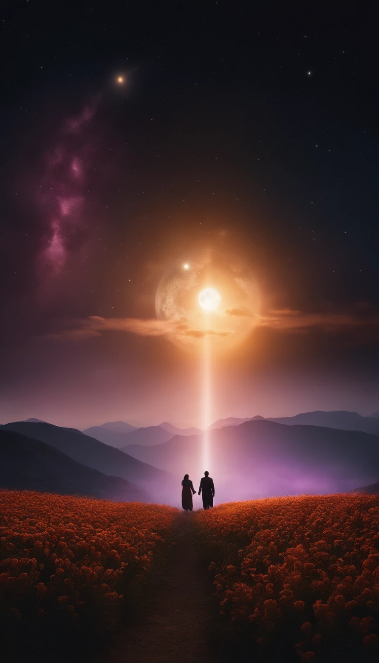 Wide々A landscape photo (Bottom View, There is a sky above、下にはWideい野原がある), Mother and daughter standing in a flower field looking up (full moon: 1,2), (meteor: 0,9), (nebula: 1,3 ), Distant Mountain々 , Alvorez Blake Craft Art, (Warm Light: 1.2), (fire Fly: 1.2), Light, Lots of purple and orange, Intricate details, Volumetric Lighting Break (masterpiece: 1.2), (Better Quality), 4K, Ultra-detailed, (Dynamic Composite: 1.4), Rich details and colors, (Rainbow-colored: 1.2), (Shine, Atmospheric lighting), dreamer, Magic, (alone: 1.2)men and women、Couple