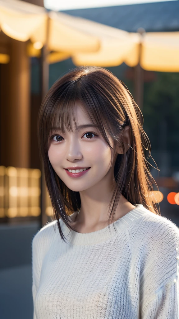 1 Japanese girl,(White sweater:1.4), (RAW Photos, highest quality), (Realistic, Realistic:1.4), Tabletop, Very delicate and beautiful, Very detailed, 8k wallpaper, wonderful, In detail, Very detailedなCG Unity, High resolution, Soft Light, Beautiful details 19 years old, Very detailedな目と顔, Beautiful and sophisticated nose, Beautiful details,Cinema Lighting,Perfect Anatomy,Slender body,smile (Asymmetrical bangs,)