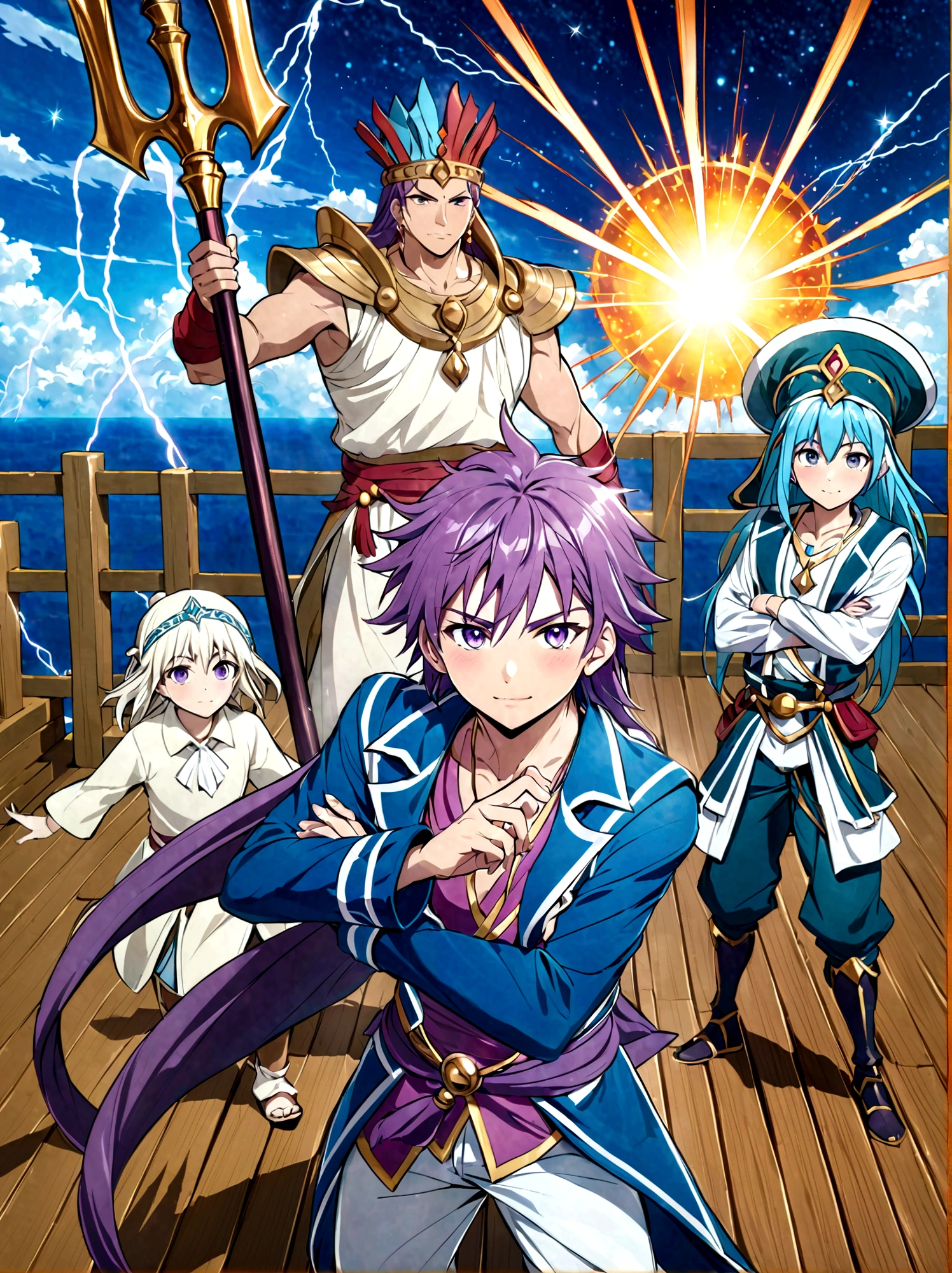 Japanese Manga "Magi: The Labyrinth of Magic", sinbad, magi, 1boy, solo, Male focus, looking at the viewer, jewelry, purple hair, brown eyes, long hair, deep eyes, handsome appearance and heroic temperament, gorgeous clothing, wearing headdress and jewelry, showing aristocratic majesty and elegance, his burly and strong figure, showing his strong fighting ability and leadership style, magic tools, magic battle, lightning explosion, masterpiece, best quality, high quality, full body, long shot