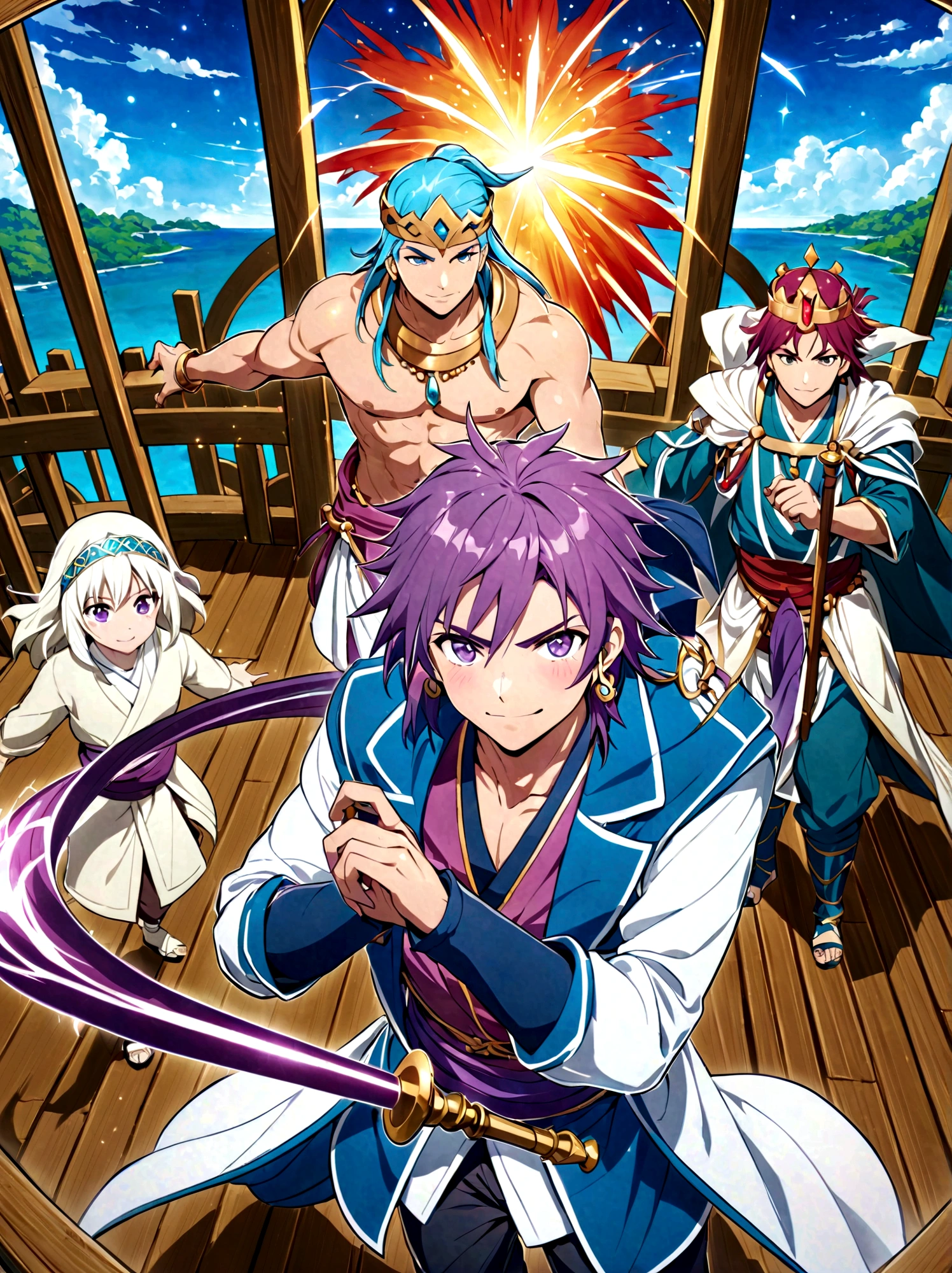 Japanese Manga "Magi: The Labyrinth of Magic", sinbad, magi, 1boy, solo, Male focus, looking at the viewer, jewelry, purple hair, brown eyes, long hair, deep eyes, handsome appearance and heroic temperament, gorgeous clothing, wearing headdress and jewelry, showing aristocratic majesty and elegance, his burly and strong figure, showing his strong fighting ability and leadership style, magic tools, magic battle, lightning explosion, masterpiece, best quality, high quality, full body, long shot