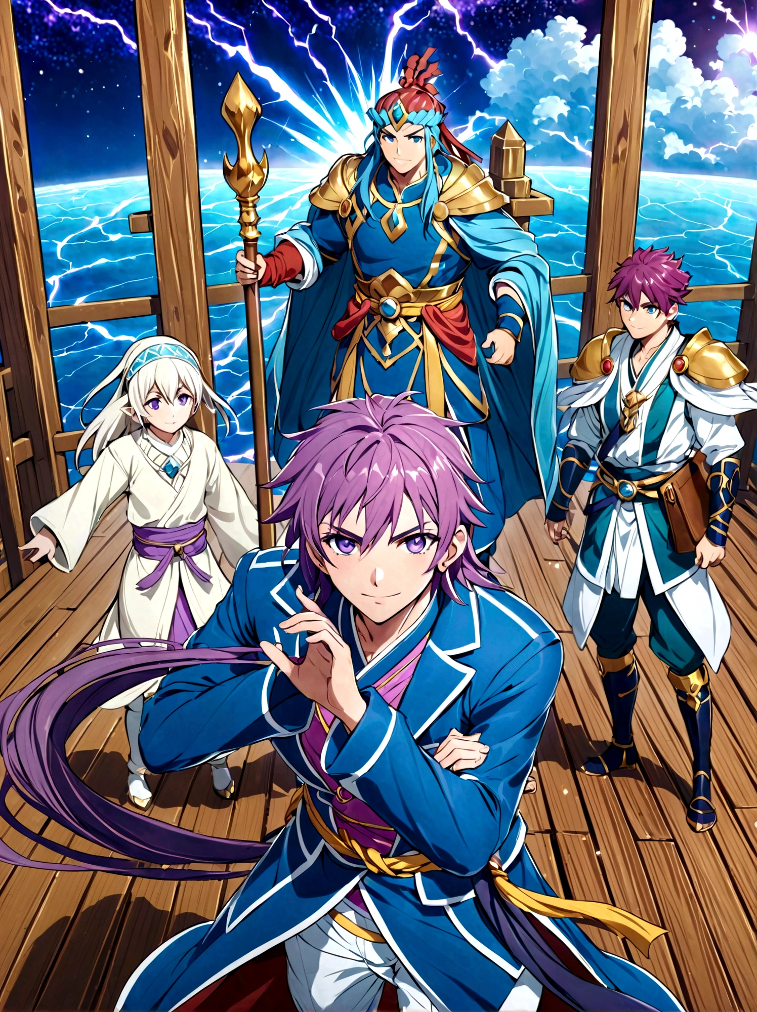 Japanese Manga "Magi: The Labyrinth of Magic", sinbad, magi, 1boy, solo, Male focus, looking at the viewer, jewelry, purple hair, brown eyes, long hair, deep eyes, handsome appearance and heroic temperament, gorgeous clothing, wearing headdress and jewelry, showing aristocratic majesty and elegance, his burly and strong figure, showing his strong fighting ability and leadership style, magic tools, magic battle, lightning explosion, masterpiece, best quality, high quality, full body, long shot