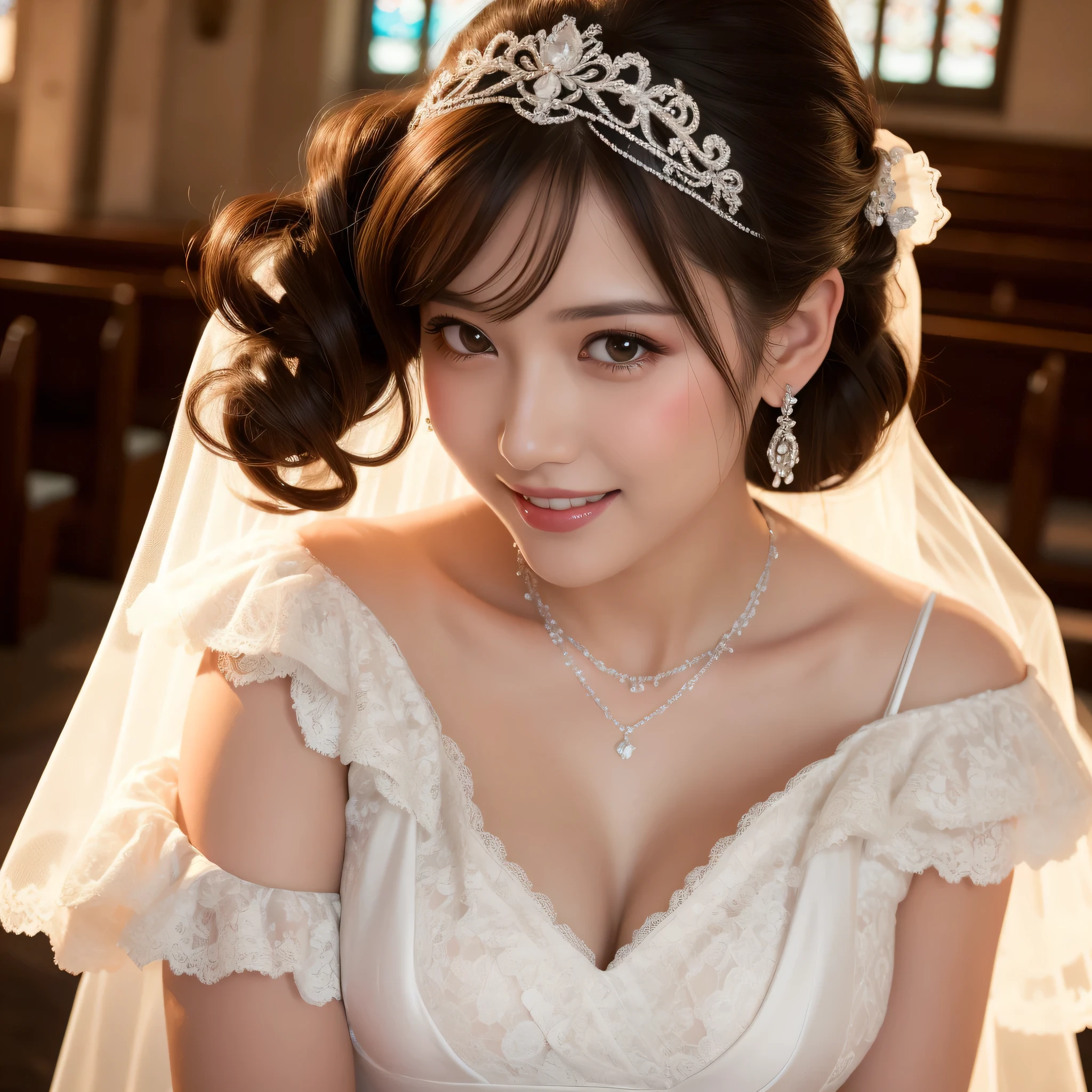 (kawaii face), (flat chest:1.2), happy smile, makeup, (Beautiful frills and lace cute wedding dress, bare shoulders:1.3), (tiaras, necklaces, earrings), Ultra High Definition, Superior Quality, Premier Quality, ultra detailed, Photorealistic, 8k, RAW Photos, highest quality, masterpiece, professional photography, Realistic portrait, Beautiful detailed, Close up portrait of girl, (chapel, stained glass), bouquet, flower decoration, beautiful bride pictures, (Fine face:1.2),