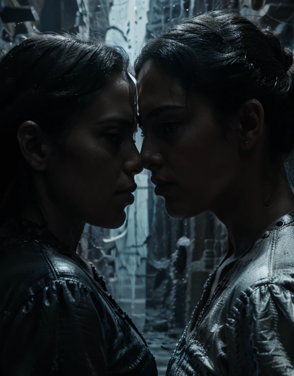 double face, beauty and beast, two tones, black-white, opposite-opponent, UHD, 8k super detailed, cinematic photo realistic