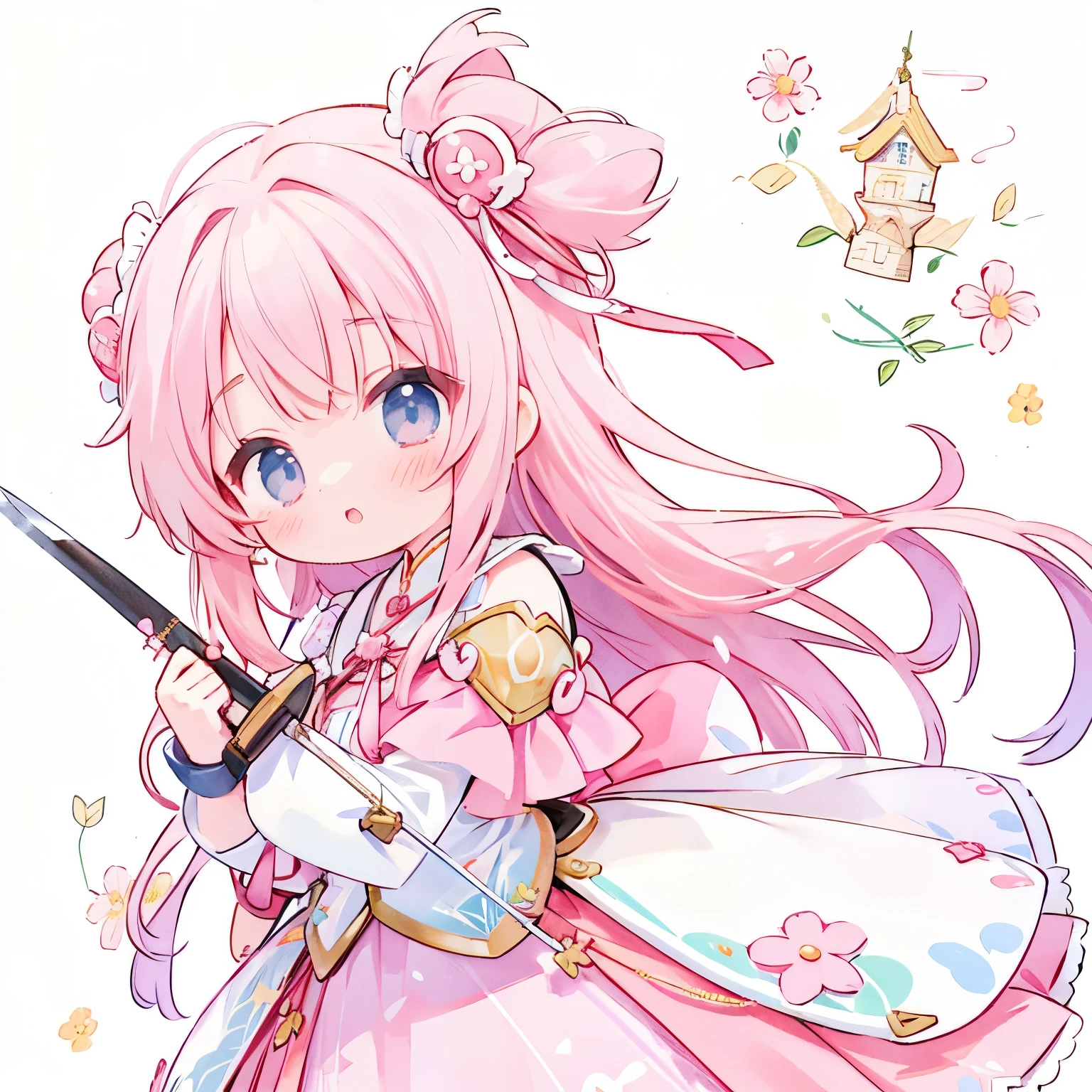 Momoko Sakura style, Kawaii Design, The most beautiful girl of all time、Holding a big sword、Hold vertical、Pastel colored armor、The background is a castle