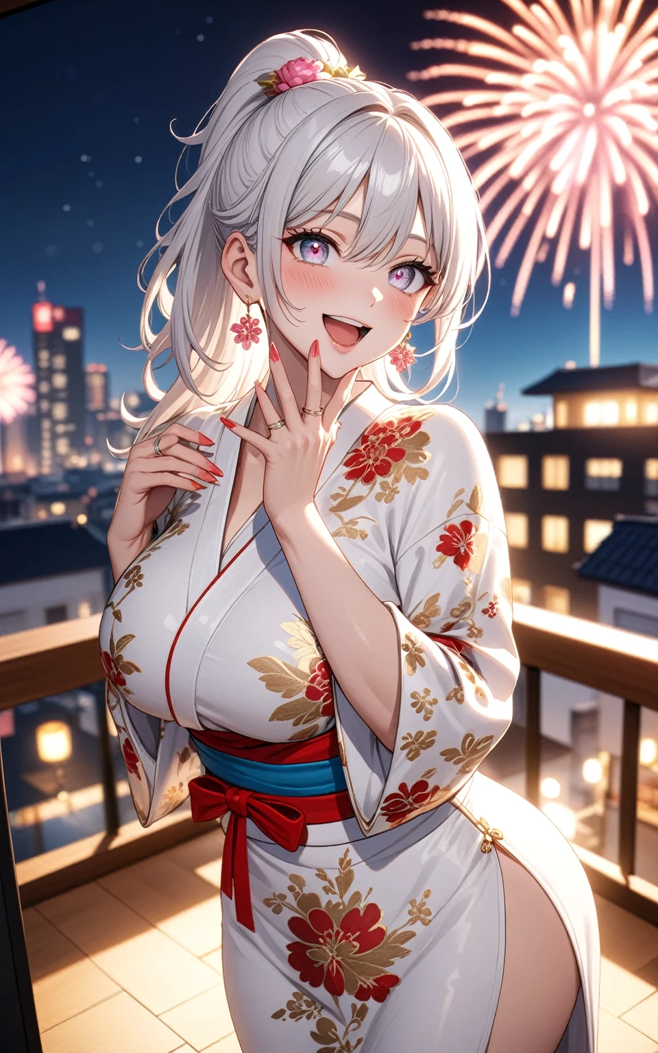 ((one personの女性)), Beautiful Face,Laughing embarrassedly,Laughing with your mouth open,(Bright red cheeks),Glossy pink lips,night,The rooftop of a hotel with a sea view,firework,((Anime style background)),masterpiece, highest quality, so beautiful, Latest, Complex details, (Pink long nails),(ring),AI-generated, Complex,High resolution, highest quality, super high quality,3D Images、View your viewers、3D Images,one person,Long white hair,High Ponytail,blue eyes,Anime woman posing for a photo, ((Fine grain、Silvery white colorful eyes、Shining Eyes:1.3)),(Squint your eyes:1.1),a hyperRealistic , hyperRealistic , Realistic,Anime woman with long and white hair, Smooth anime CG art, A woman in a colorful kimono with gold embroidery, (White kimono),Red floral pattern,Long flower hair ornament,Big earrings,Mature Body,(Big Breasts:1.1),Tall,Big Ass,Fine details,Narrow waist,Abdominal muscles,Shooting from an angle,(Face close-up:1.2),(clasping their hands in front of their mouth with a delighted expression),