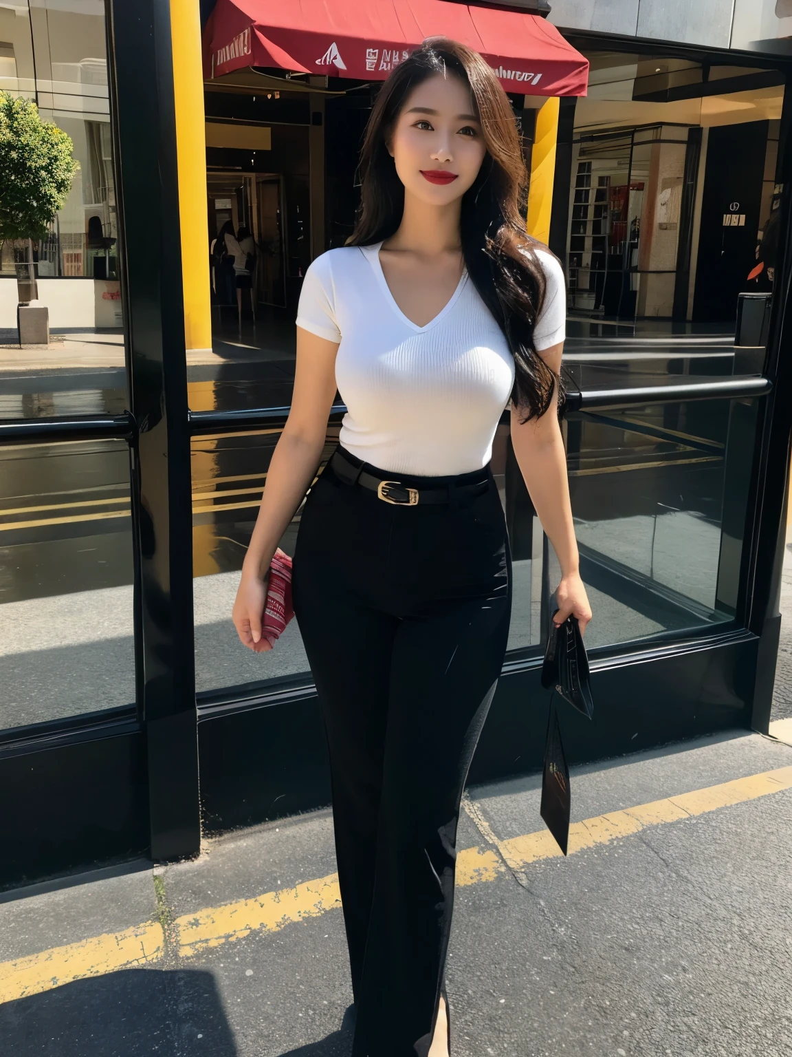 Describe facial features accurately and in detail,Red lipstick, From the chest up, Ultra Detailed,lifelike, Super delicate skin, perfect anatomy (Solitary),casual pants,Short sleeve,Black belt,Long wavy hair,37-year-old female,Mature,Charming smile,shopping mall,Standing,Leg length,Big breasts,stand up,full-body shot