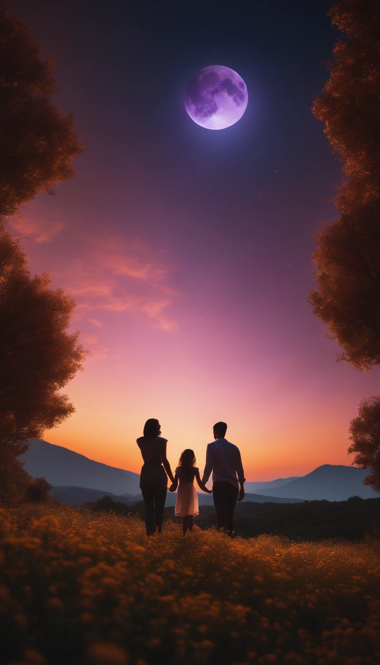 Wide々A landscape photo (Bottom View, There is a sky above、下にはWideい野原がある), Mother and daughter standing in a flower field looking up (full moon: 1,2), (meteor: 0,9), (nebula: 1,3 ), Distant Mountain々 , Alvorez Blake Craft Art, (Warm Light: 1.2), (fire Fly: 1.2), Light, Lots of purple and orange, Intricate details, Volumetric Lighting Break (masterpiece: 1.2), (Better Quality), 4K, Ultra-detailed, (Dynamic Composite: 1.4), Rich details and colors, (Rainbow-colored: 1.2), (Shine, Atmospheric lighting), dreamer, Magic, (alone: 1.2)men and women、Couple