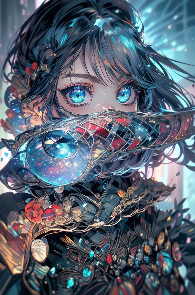 4K quality:1.2,One girl,A sense of depth,Confused,Capture the light,so beautifulイラスト,Starry Sky,full moon,((Light blue,Red Mesh,Long Hairstyles:1.3)),Purple Eyeshadow,(((4K,so beautiful,In detail,Green Eyes))),Bright red lipstick,Gothic Lolita,;d,Beautiful and delicate hair