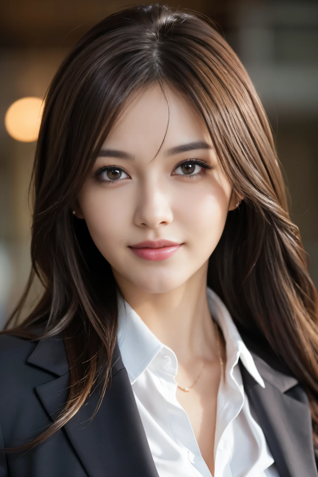 Tabletop, highest quality, Realistic, Super detailed, In detail, High resolution, 8k wallpaper, 1. Beautiful Women,, Light brown messy hair, Wearing a business suit, Sharp focus, Perfect dynamic composition, Beautiful fine details, Fine hair, Detailed and realistic skin texture, smile, Close-up portrait, Model Body Type