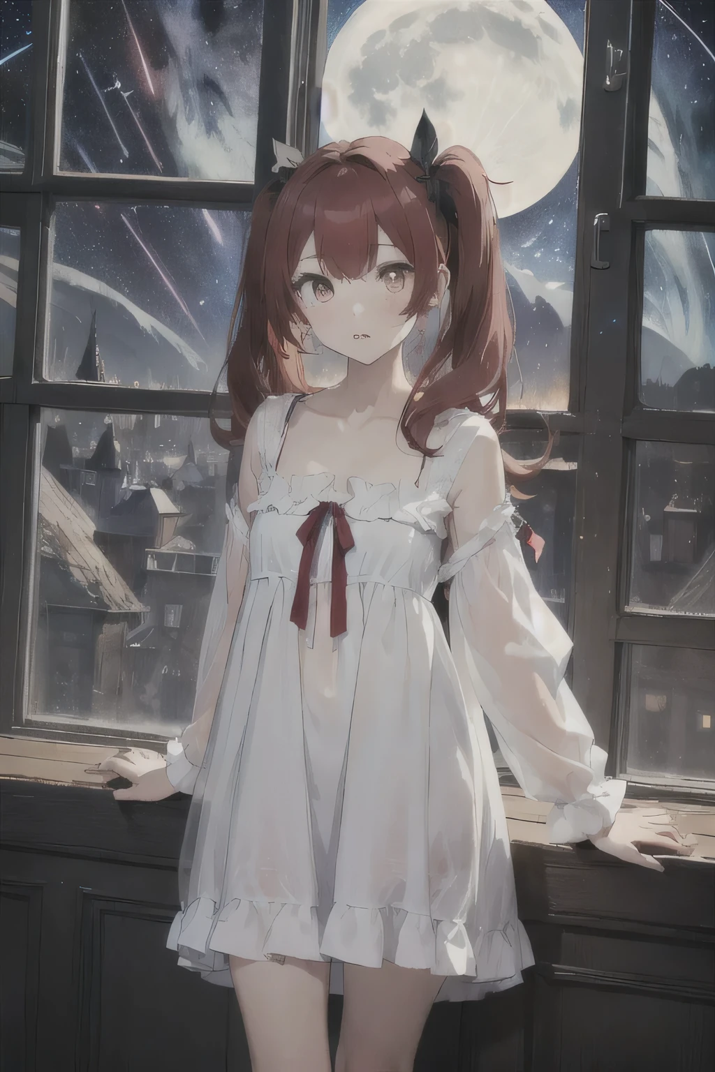 1 girl, Redhead, Twin tails,Long Hair、 Facial hair stripes, Red eyes, Impact, RAW Photos, 8k, masterpiece, (Girl floating on window sill, A girl is floating outside the window), (Looking through an open window, Look at the camera), (alone), ((Dark atmosphere, full moon)), ((Night sky background:1.5)), medieval house, Medieval windows, (Wearing a nightdress, Torn clothes, Scorched clothing:1.5), ((Long and unkempt redhead)),