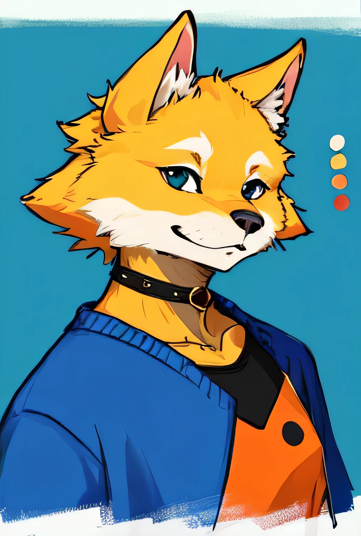 In this digital sketch portrait, a furry boy, art style similar to a cartoon, is portrayed wearing casual classic clothes, exuding an aura of happiness, colored. He is seen wearing a basic classic outfit, with a vibrant blue sweater and black jeans. His expression conveys a sense of ennui, perhaps longing for excitement amidst the monotony of his surroundings. He wears a subtle accessory, adding a touch of cuteness to his otherwise simple outfit. The furry boy remains comfortable despite his lack of enthusiasm. The palette knife technique paint style anime enhances the charm of his portrayal, capturing the essence of his personality amidst a backdrop of colored aesthetics. Additionally, there are multiple faces of the furry boy with different expressions surrounding him in the same image, without a background.