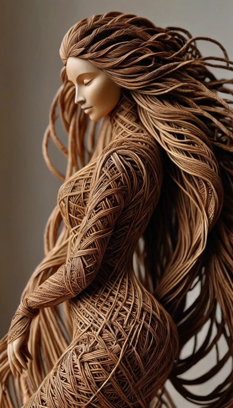 Sculpture en bois du corp d'une sublime grande femme moderne faite en rotin tressés, corps entier, highly detailed rattan, very long black hair in dark raffia rope braids , Sculpture très détaillé, (proportions parfaites, sublime poitrine effet push-up, long sublime legs very detailed, marche vers moi, me regarde droit dans les yeux, two perfectly detailed bare feet, fine and detailed hands, Perfect face very detailed), (Best quality, 8k,masterpiece:1.2, hyperRéaliste:1.2)