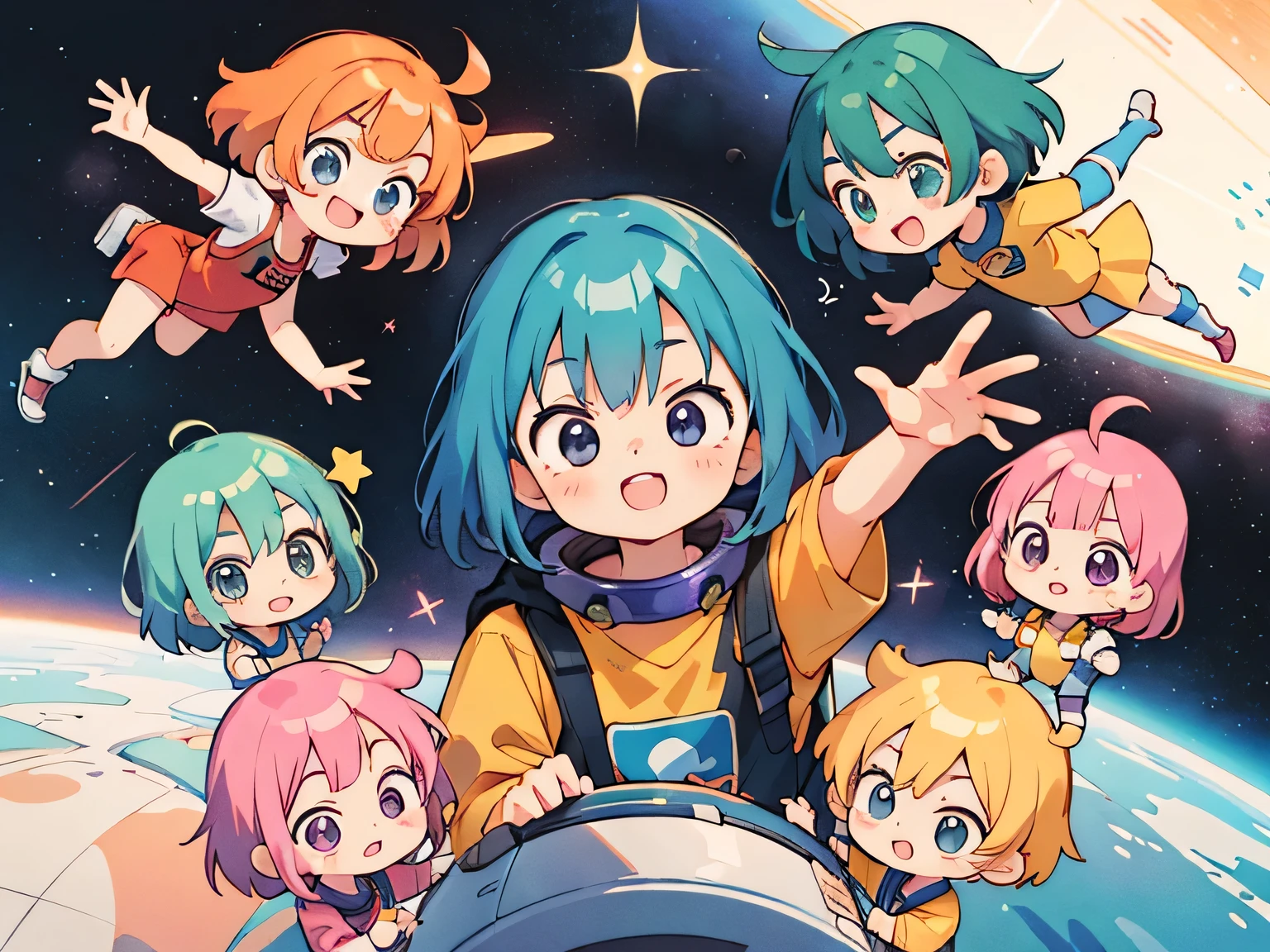 Akira Toriyama style, Kawaii Design, (((10 people)))、most beautiful girl ever、Chibi, Colorful bob hair、((Lots of friends))、Space travel together