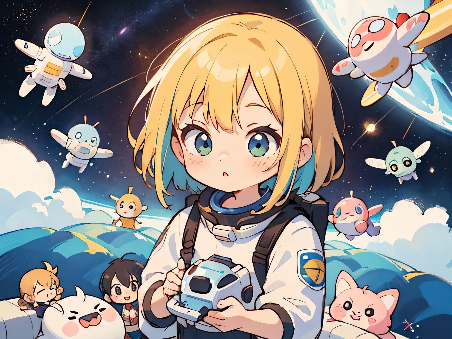 Akira Toriyama style, Kawaii Design, (((10 people)))、most beautiful girl ever、Chibi, Colorful bob hair、((Lots of friends))、Space travel together