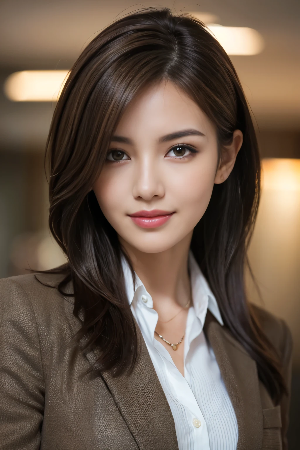 Tabletop, highest quality, Realistic, Super detailed, In detail, High resolution, 8k wallpaper, 1. Beautiful Women,, Light brown messy hair, Wearing a business suit, Sharp focus, Perfect dynamic composition, Beautiful fine details, Fine hair, Detailed and realistic skin texture, smile, Close-up portrait, Model Body Type