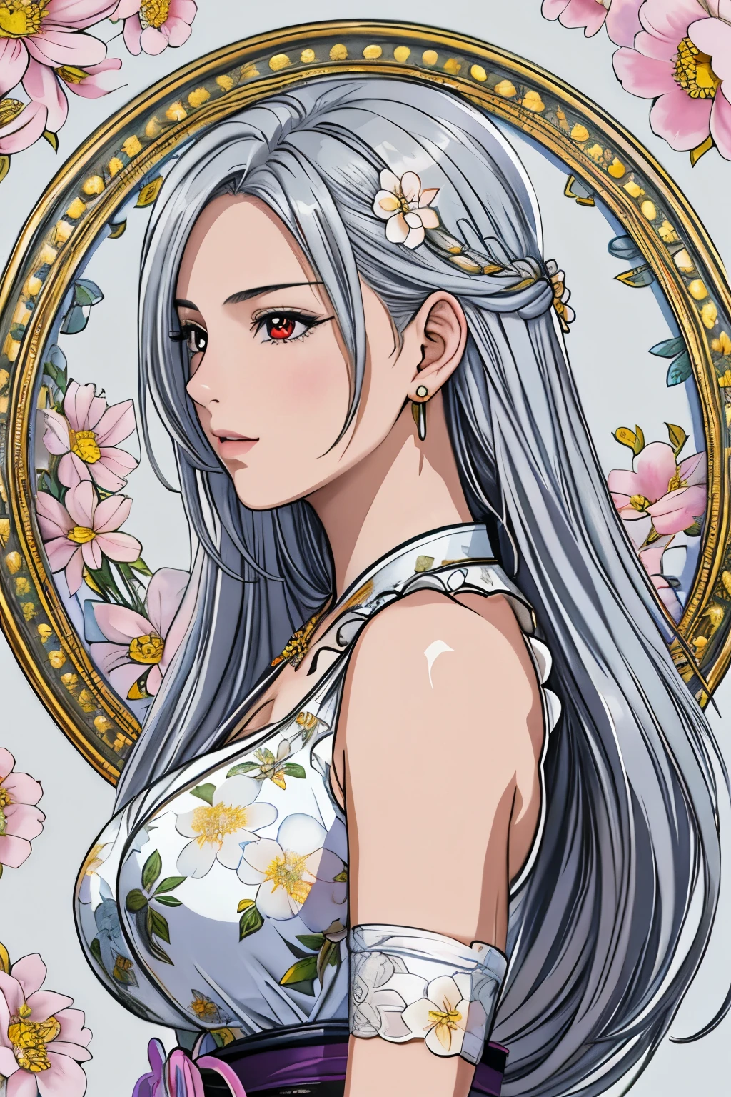 (masterpiece, top-quality, top-quality, Official art, Beautifully Aesthetic:1.2), red eyes, (highest quality, masterpiece painting:1.3), immature woman, , (half body shot), masterpiece, ultra high resolution, (((Flower frame, A lot of flowers in the frame, round frame, A beautiful girl fits into the frame))), Decorative panel, abstract art, (shot from a side angle), (Photoreal:1.0), ((light silver hair)),straight hair, beautiful shining hair, white and shining skin, Painterly, sketch, Texture, 超A high resolution, solo, Beautuful Women, A highly detailed, (Fractal Art:1.1), (colourfull:1.1), (florals:1.6), The most detailed, (Zentangle:1.2), (Dynamic Poses), (Abstract background:1.3), (shinny skin), (Many colors:0.8), (earrings:1.4), (pluma:0.9), Taisho romance