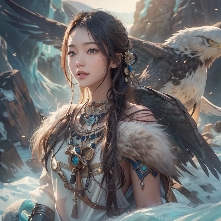 Hiding in the snowy mountains、Hair flow、 ((highest quality、masterpiece、8k、Best image quality、Ultra-high resolution、Award-winning works)、(Accurate anatomy:1.1)、(Look at me and smile:1.1)、Shining fair skin with Ultra-high resolution、The most detailed face、Ultra-high resolution detailed face、Ultra-high resolutionの髪の毛、(Ultra-high resolutionの煌めく瞳:1.1)、Beautiful face drawn in every detail、(Blurred Background:1.1)、Ancient Inuit clothing, Chest to chest, tattoo, Old ruins in the background、Apart from the real giant eagle