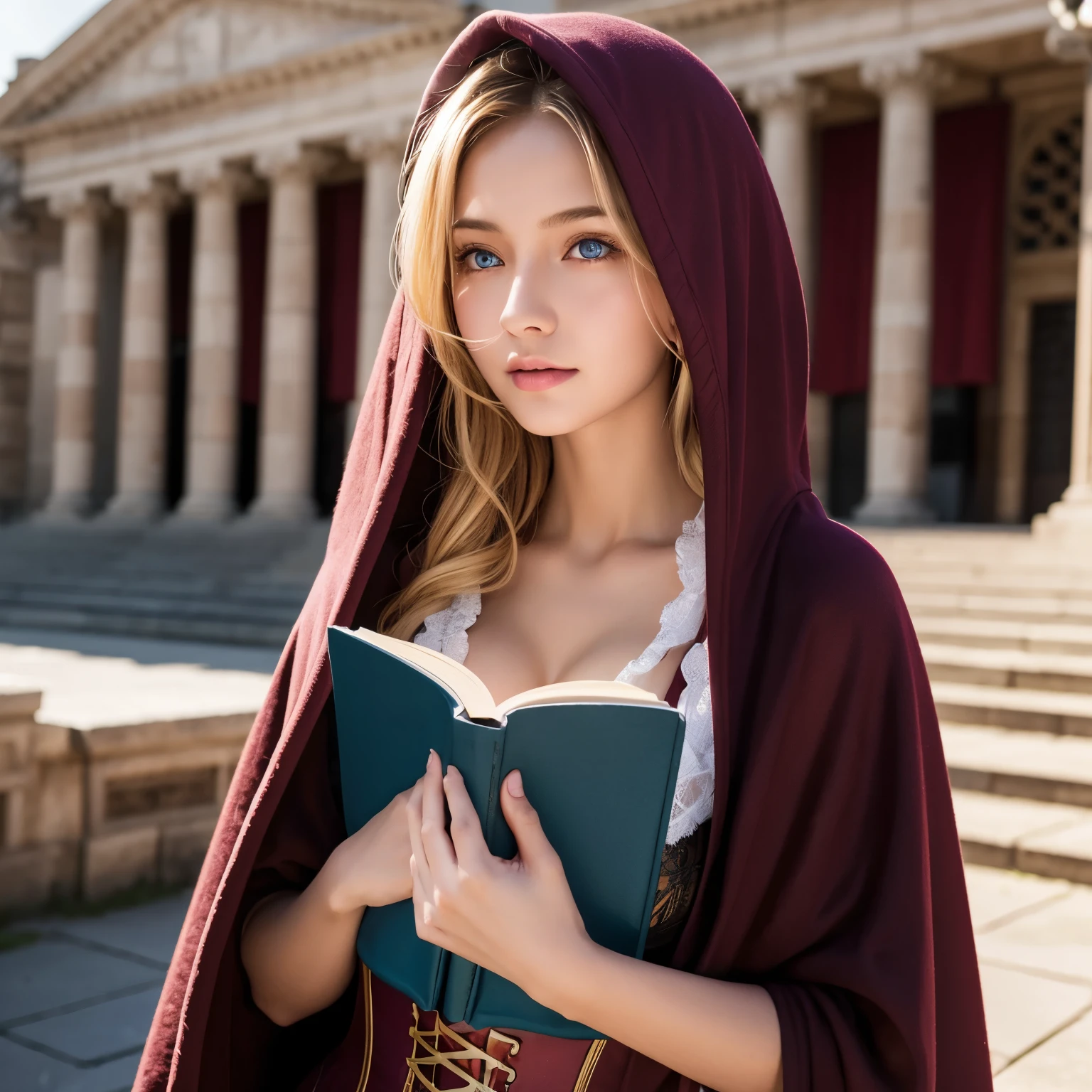 1girl, Cute witch girl, wearing large maroon hoodie, black corset, holding a book, trinity library background (photo realistic:1.4), (hyper realistic:1.4), (realistic:1.3), (smoother lighting:1.05), (increase cinematic lighting quality:0.9), 32K, 14yo girl, realistic lighting, backlighting, light on face, ray trace, wolf blonde hair with blue eyes, black corset, trimmed leg wear, huge maroon hood up, gorgeous face, high resolution, detailed face, not smiling, long hall library background, hair covering half of the face (brightening light:1.2), (Increase quality:1.4), (best quality real texture skin), finely detailed eyes, finely detailed face, (tired and sleepy and satisfied:0.0), (Increase body line mood:1.1), shiny skin