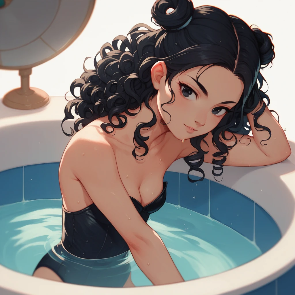 score_9, score_8up, Mulan, female, black hair, black eyes, two curly top hair knot buns with two curly hair strands on the side, strapless bathing suit, small breasts, solo, cleavage