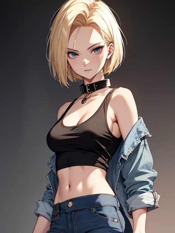 Android１８Number、Denim triped shirt、Black tank top, NSFW, collar, UHD, retina, masterpiece, ccurate, anatomically correct, textured skin, super detail, high details, high quality, best quality, highres, 4K