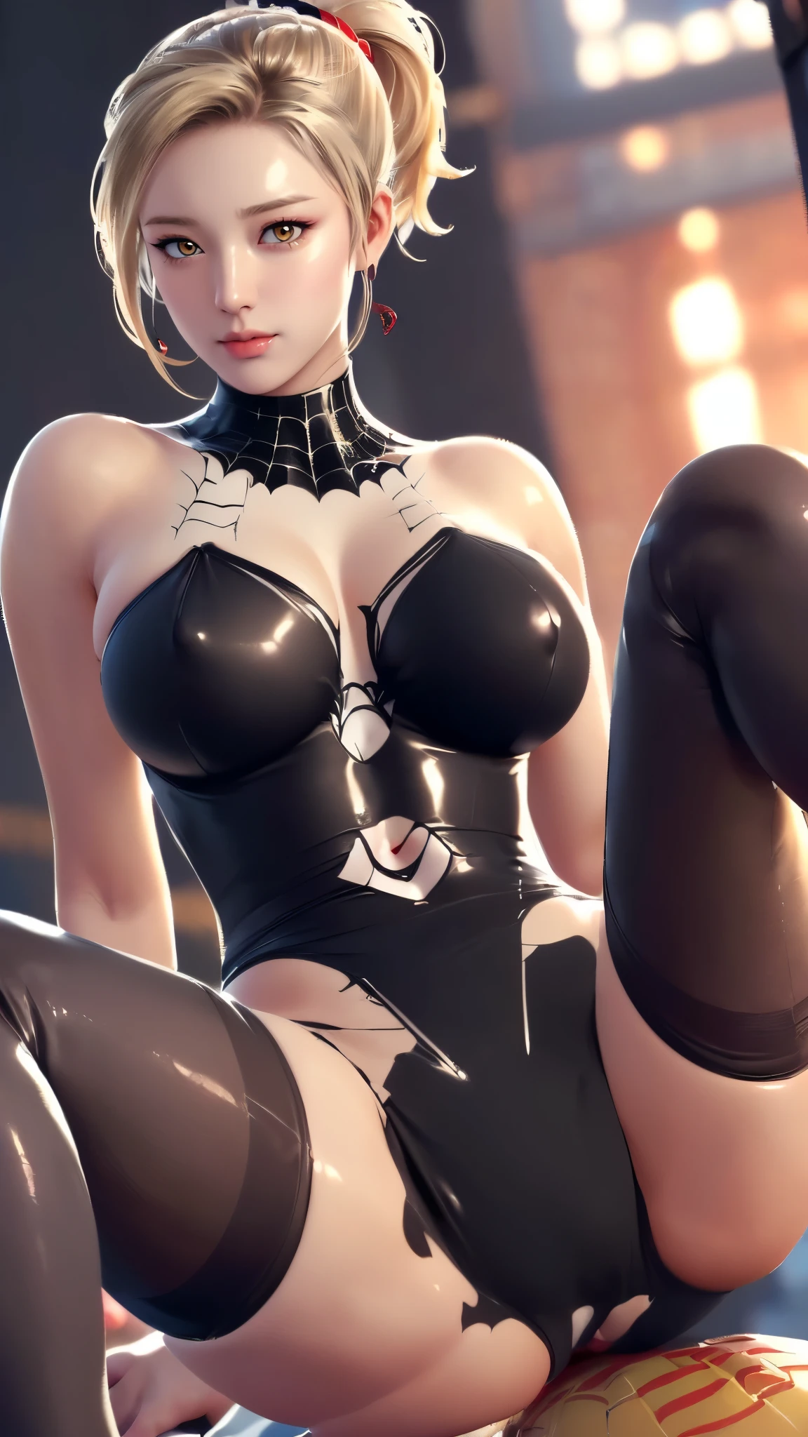 (((Perfect body,White and tender skin,(((spider man,black Spider Man costume,spider tights,(red cloak:1.2)))),(((blonde hair, Bangs, hair accessories, ponytail, yellow eyes, orange eyes, hair between eyes,))),((masterpiece)),highres,((Best quality at best)),masterpiece,quality,Best quality,((( Exquisite facial features,Looking at the audience,There is light in the eyes,(((Open your mouth,Separate your lips,ahegao,Sticking out tongue)))))),(((Light and shadow,Huge breasts,plump ass))),(((Looking at the camera,White background,Sitting astride,Open your legs,Camera from bottom to top,低头Looking at the camera))))