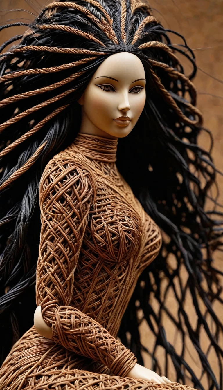 Sculpture du corp d'une sublime grande femme moderne faite en rotin tressés, corps entier, highly detailed rattan, very long black hair in dark raffia rope braids , Sculpture très détaillé, (proportions parfaites, sublime poitrine effet push-up,  long sublime legs very detailed, marche vers moi, me regarde droit dans les yeux, two perfectly detailed bare feet, fine and detailed hands, Perfect face very detailed), (Best quality, 8k,masterpiece:1.2, hyperRéaliste:1.2), ((marche vers moi))