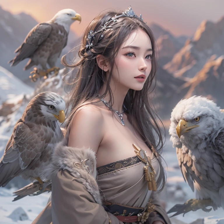 Hiding in the snowy mountains、Hair flow、 ((highest quality、masterpiece、8k、Best image quality、Ultra-high resolution、Award-winning works)、(Accurate anatomy:1.1)、(Look at me and smile:1.1)、Shining fair skin with Ultra-high resolution、The most detailed face、Ultra-high resolution detailed face、Ultra-high resolutionの髪の毛、(Ultra-high resolutionの煌めく瞳:1.1)、Beautiful face drawn in every detail、(Blurred Background:1.1)、Ancient Inuit clothing, Chest to chest, tattoo, Old ruins in the background、Apart from the real giant eagle