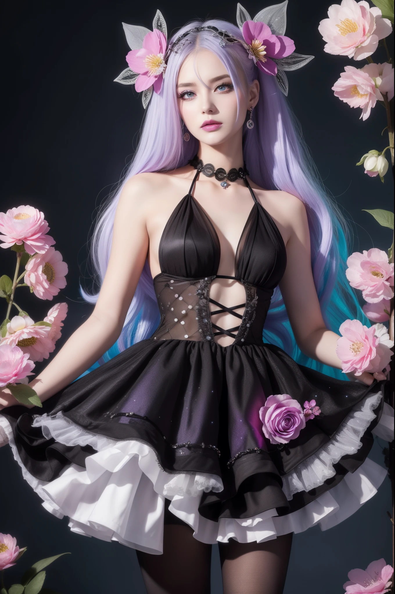 beautiful swedish model who controls poison、lipg-loss、intense makeup、look at the camera、full body Esbian、、sparkling poisoned flower costume、、、、shiny sparkling multicolor hair、secrete poison、skull hair accessories、net tights、shiny sparkling flowers background