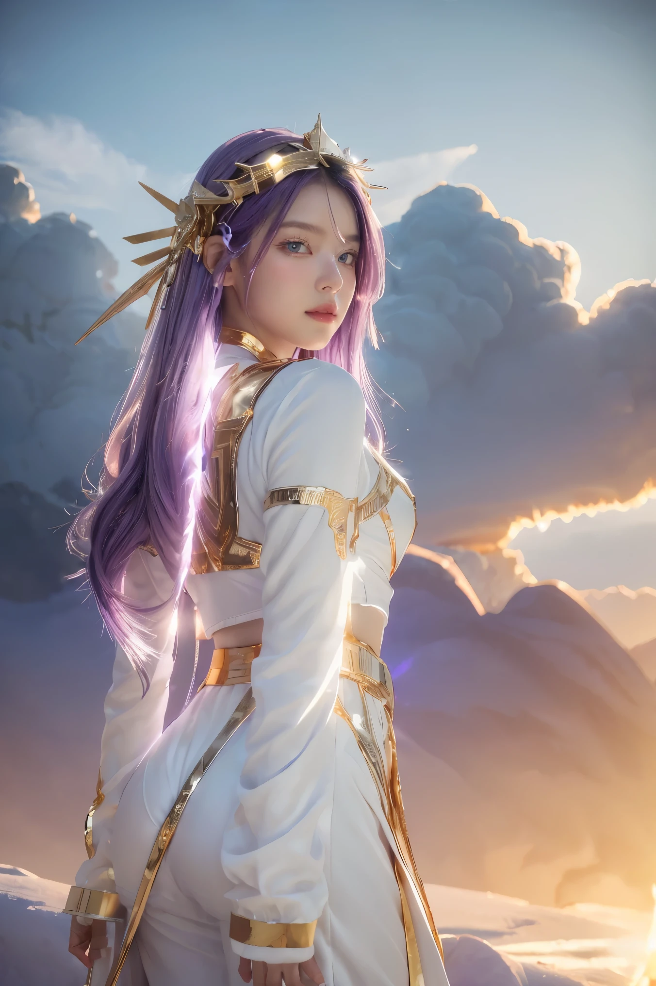 ((masterpiece, best quality, extremely detailed), volumetric lighting, ambient occlusion, colorful, glowing), 
1girl, solo, young girl, (purple hair), long hair, halo, aura, sacred, goddess, cleric suit, (white outfit with gold detailst:1.3), angel wings,
outdoors, sunset, sky, clouds, space, (fantasy theme:1.2),