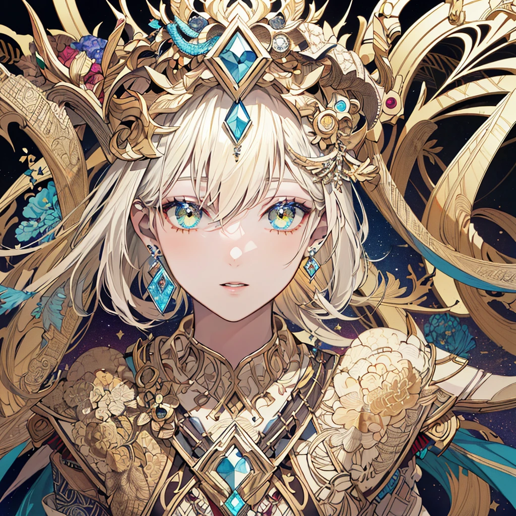(masterpiece, highest quality, highest quality, Official Art, Beauty and aesthetics: 1.2), (One girl: 1.3), Very detailed, (Fractal Art: 1.1), (color: 1.1) (diamond: 1.3), Most detailed, (Zentangle: 1.2), (Dynamic pose), (Geometric background: 1.3), (Shiny skin), (Many colors: 1.4), ,( Earrings:1.4),