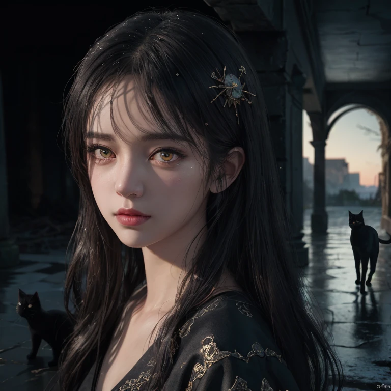 highest quality, rain, Fantasy, Walk through the ruins of ancient buildings, One Girl, Detailed clothing, Glowing Eyes,Shiny winter ornaments), Sharp focus,(Very detailed, Very detailed),(Realistic artwork:1.37),(Very detailed CG unity 8k wallpaper),(((Dark colors, Dark Theme))),(complicated),(masterpiece),(highest quality),Artistic photography,(photo shoot:sldr),(complicated background),perfectly rendered face,Perfect facial details,Realistic Face,Realistic,Analog Style,((complicated detail)),(((realism))), Walking with a black cat, Cat and girl