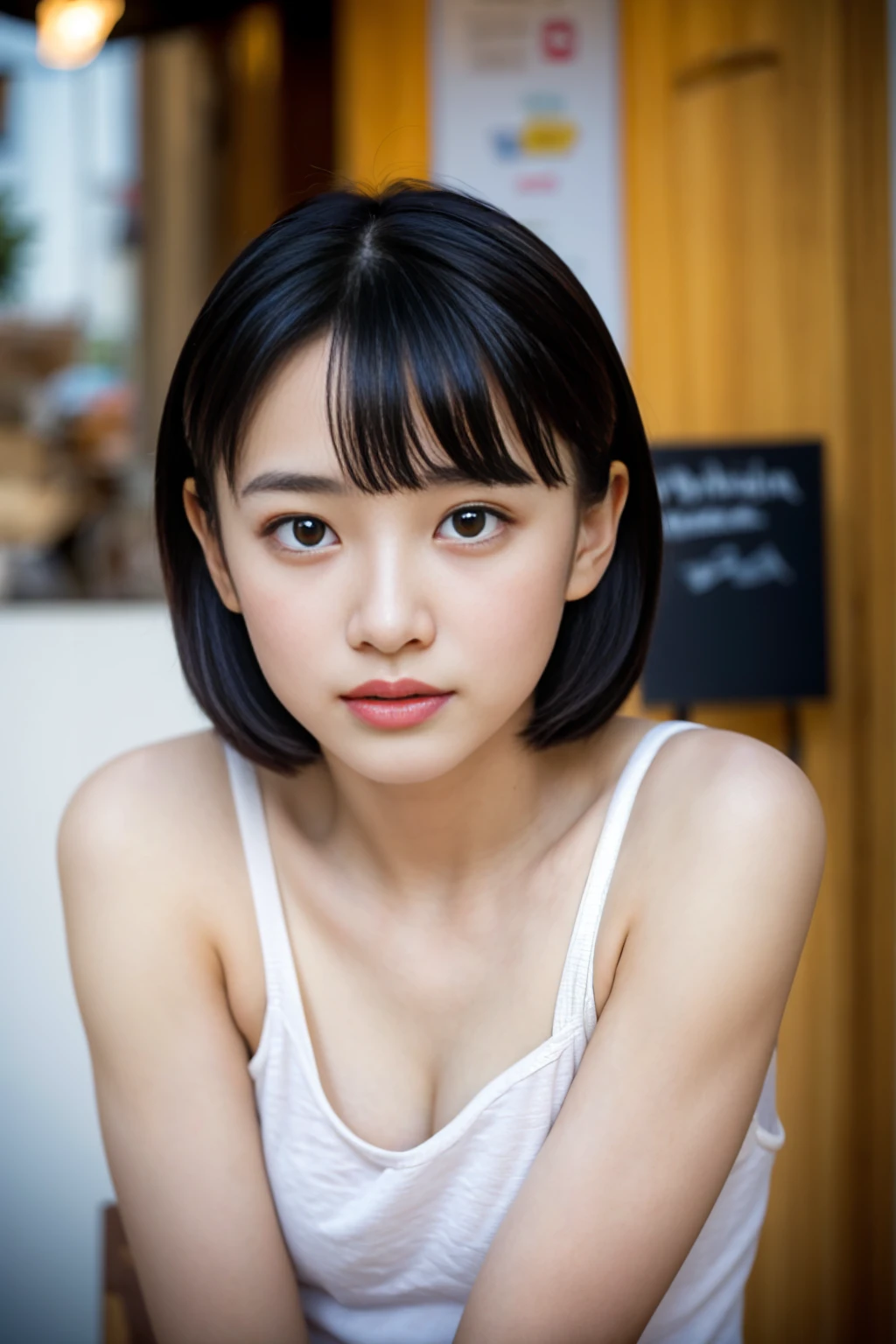 (8k, RAW Photos, highest quality, masterpiece:1.3), (Realistic, photo-Realistic:1.4), (Highly detailed 8k wallpaper), Sharp focus, Written boundary depth,
Japanese Idols,very cute,White bra、(Medium Hair: 1.3), Highly detailed face and eyes,((Shiny skin:1.2)), Cinema Lighting, Soft Light, Blur the background,( Old European village street in the early morning, Cobblestone Street, A bakery filled with warm light and a pleasant aroma.)、(Narrow eyes:1.3)、Attractive eyes、Shining Eyes、Focus on the chest、Small breasts、Soft Breasts、(Small eyes:1.2)、bangs、Full body pose、