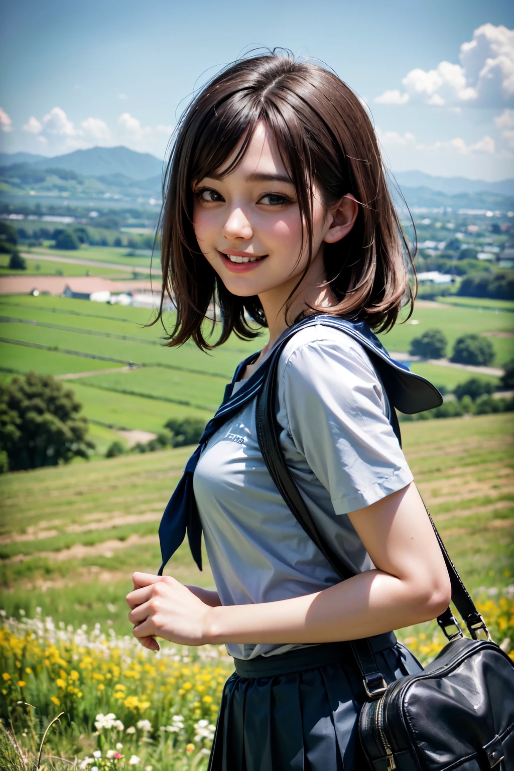 very cute and beautiful girl,(highly detailed beautiful face),(smile:1.2),happy,looking at viewer,
black hair,medium hair,serafuku,short sleeve,(pleated navyblue mini skirt),standing,holding school bag,
countryside,hilltop,grassland,tiny flower field,distant ocean background,
(best quality,masterpiece),absurdres,highres,ultra-detailed,extremely detailed,32k,8k resolution,
intricate details,cinematic scene,detailed background,solo,dynamic angle,