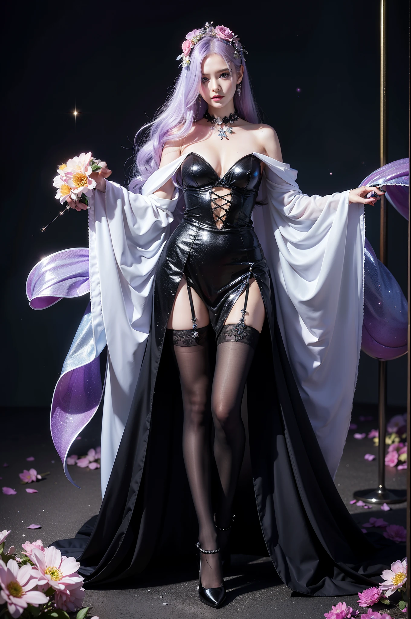 beautiful swedish model who controls poison、lipg-loss、intense makeup、look at the camera、full body Esbian、、sparkling poisoned flower costume、、、、shiny sparkling multicolor hair、secrete poison、skull hair accessories、net tights、shiny sparkling flowers background