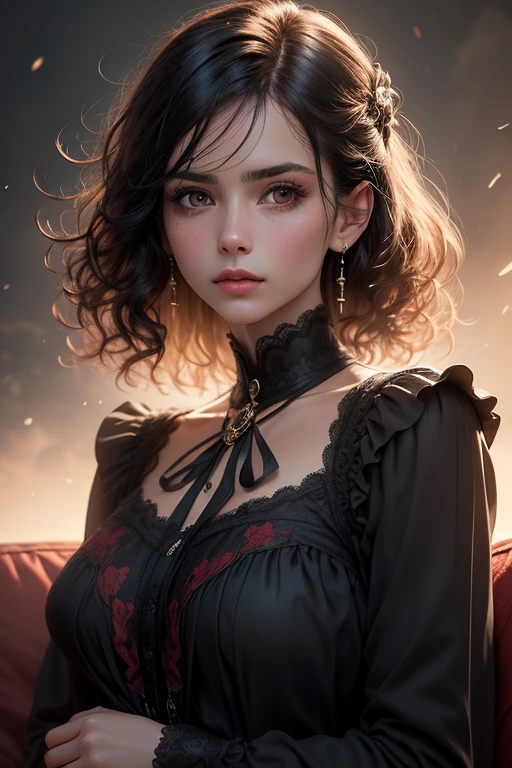 bloom, Lens Reflection, (8k, born, Professional, highest quality, masterpiece: 1.2), (Realistic, photoRealistic: 1.37), Super detailed, (Wide-angle 25mm portrait), (Most detailed skin: 1.2), Highly detailed face, Cinema Lighting, One girl, Black curly hair, (the wind is strong), Standing on the couch, Dark Light, Looking into the camera, Big Breasts, black and red blouse