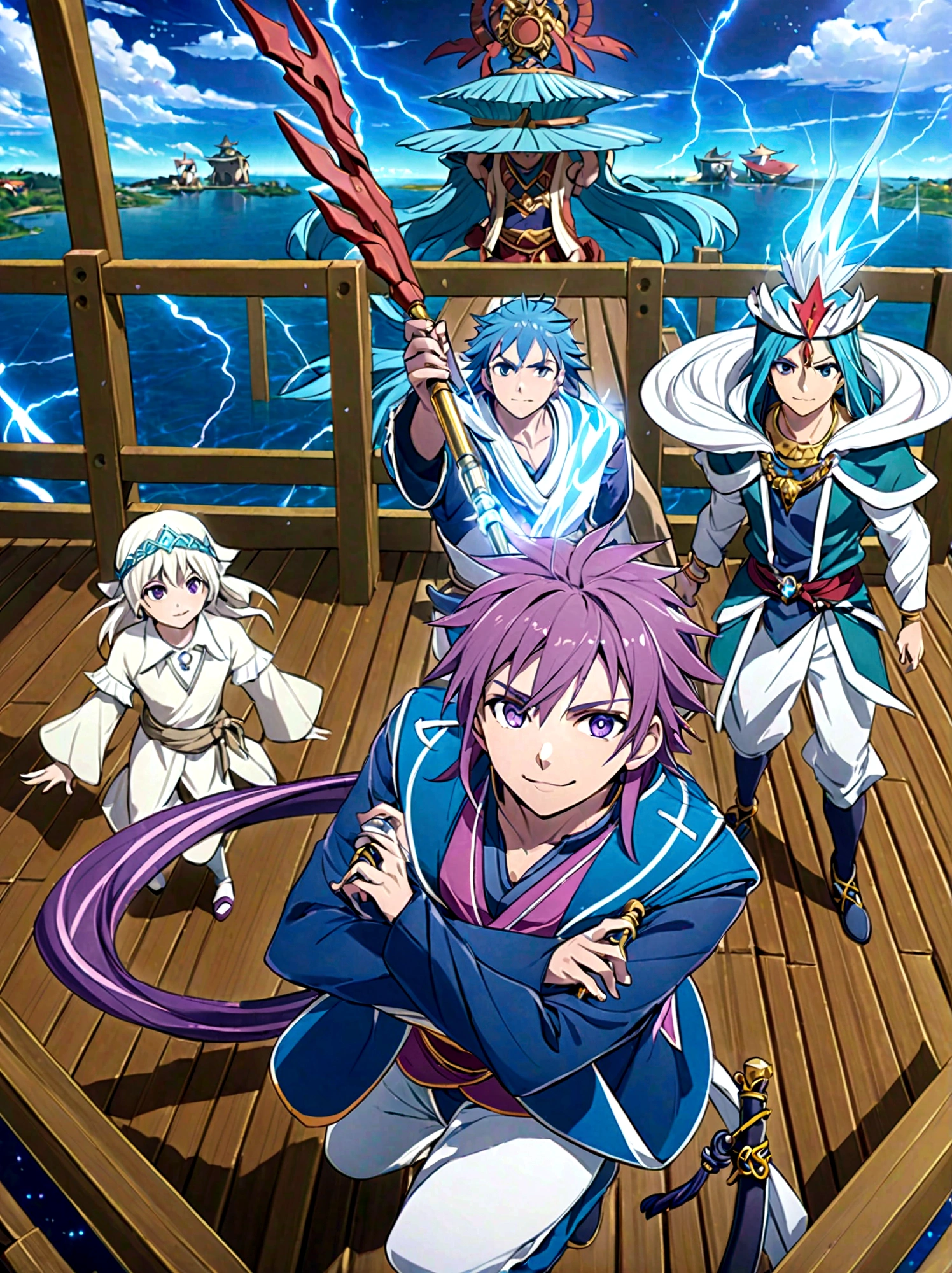 Japanese Manga "Magi: The Labyrinth of Magic", sinbad, magi, 1boy, solo, Male focus, looking at the viewer, jewelry, purple hair, brown eyes, long hair, deep eyes, handsome appearance and heroic temperament, gorgeous clothing, wearing headdress and jewelry, showing aristocratic majesty and elegance, his burly and strong figure, showing his strong fighting ability and leadership style, magic tools, magic battle, lightning explosion, masterpiece, best quality, high quality, full body, long shot