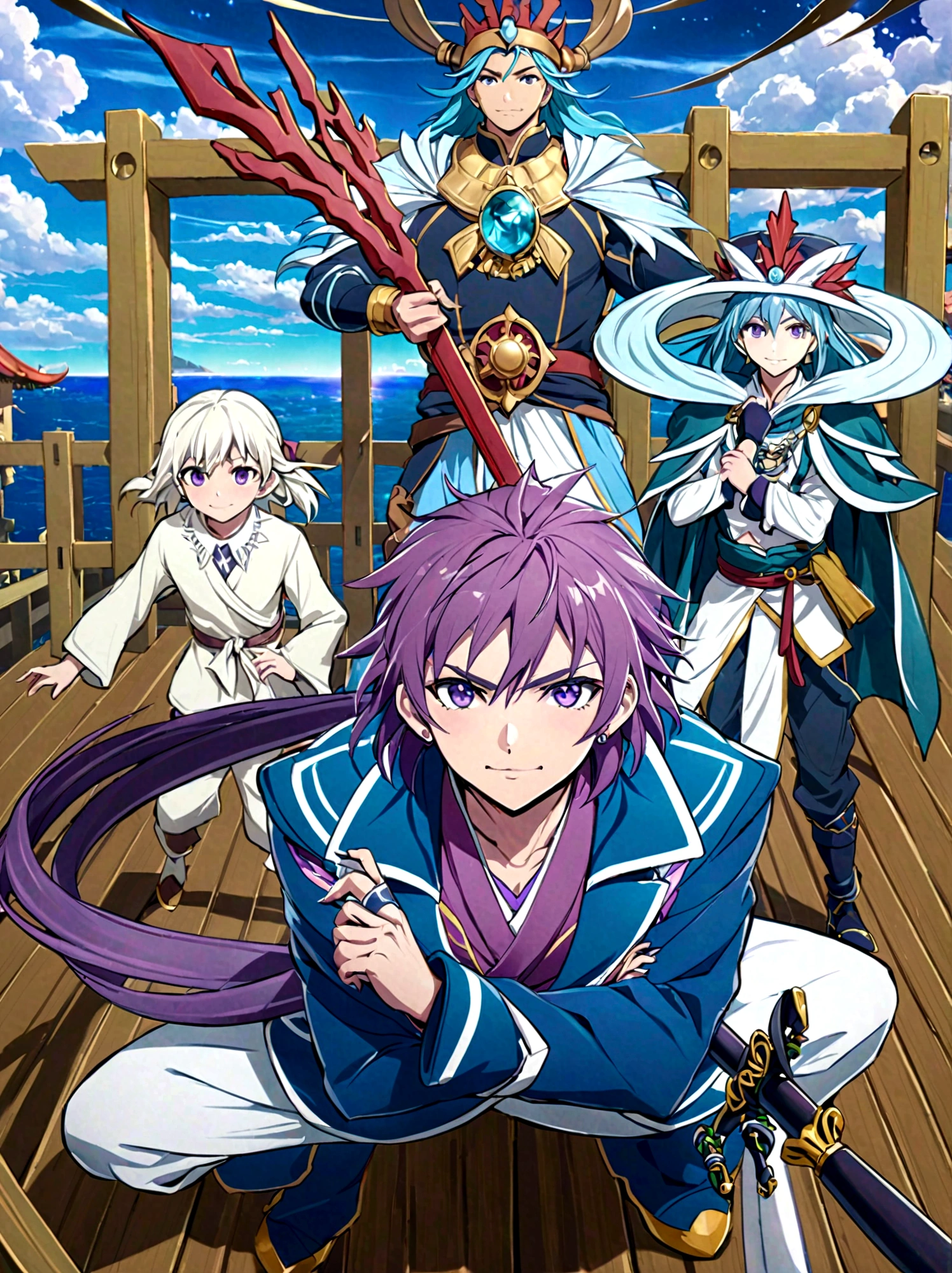 Japanese Manga "Magi: The Labyrinth of Magic", sinbad, magi, 1boy, solo, Male focus, looking at the viewer, jewelry, purple hair, brown eyes, long hair, deep eyes, handsome appearance and heroic temperament, gorgeous clothing, wearing headdress and jewelry, showing aristocratic majesty and elegance, his burly and strong figure, showing his strong fighting ability and leadership style, magic tools, magic battle, lightning explosion, masterpiece, best quality, high quality, full body, long shot