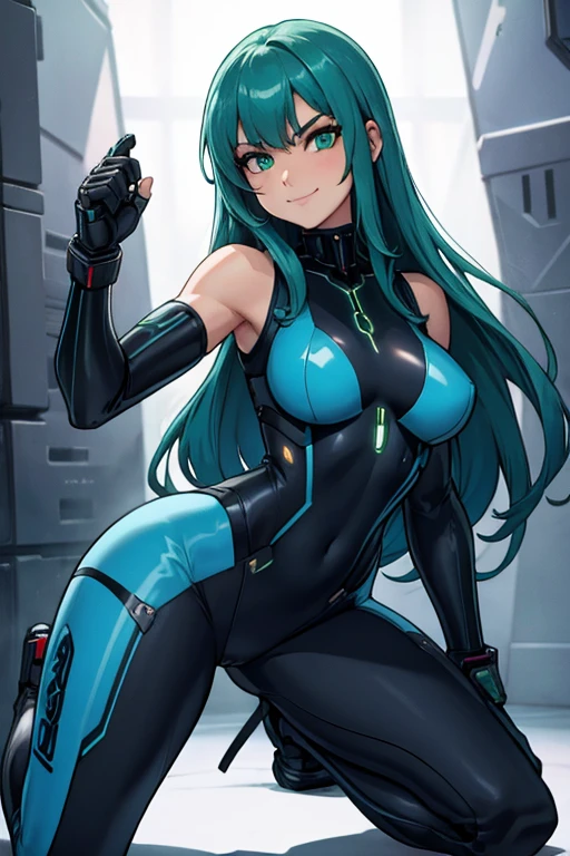 female, blue green long hair, green eyes, (((1girl))), (((dark blue sleeveless cybernetic bodysuit))), (cybernetic gauntlets), (cybernetic boots), (black belt), cute and sexy, big breasts, big butt, full body, long legs, smiling