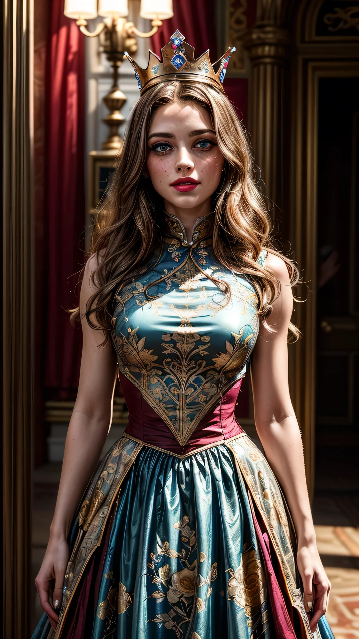 ((best quality: 1.5)) ((masterpiece)), intricate details, sharp focus, professional, real life, realistic representation of the face, dynamic pose, in the style of realistic and hyper detailed renderings BREAK ((detailed (((athletic, (clear, (maroon gold chinoiserie renaissance ball gown, (queen, crown, jewels))), blackout eye makeup: 0.4, [skin detail:freckles:0.7], iceblue eyes), long curly hair [bright ginger hair:blond hair:0.7], smiling, shadows, red lipstick, outdoors, faraway castle)), professional lighting, photon mapping, radiosity, physically based rendering, ultra resolution, hyper-realistic)), photorealistic, hyper-realistic, 8K
