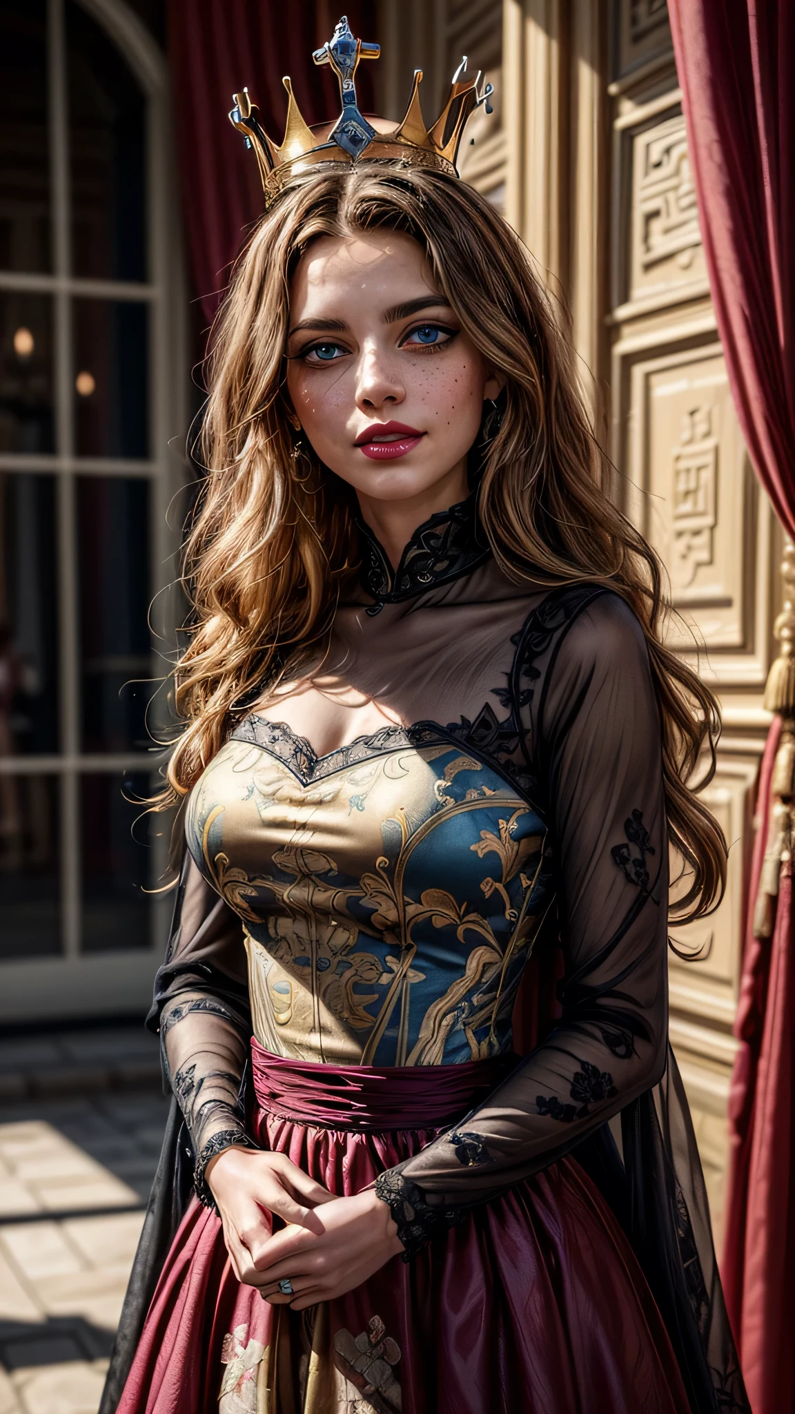 ((best quality: 1.5)) ((masterpiece)), intricate details, sharp focus, professional, real life, realistic representation of the face, dynamic pose, in the style of realistic and hyper detailed renderings BREAK ((detailed (((athletic, (clear, (maroon gold chinoiserie renaissance ball gown, (queen, crown, jewels))), blackout eye makeup: 0.4, [skin detail:freckles:0.7], iceblue eyes), long curly hair [bright ginger hair:blond hair:0.7], smiling, shadows, red lipstick, outdoors, faraway castle)), professional lighting, photon mapping, radiosity, physically based rendering, ultra resolution, hyper-realistic)), photorealistic, hyper-realistic, 8K
