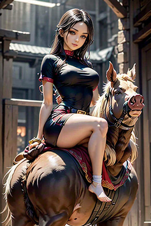 ((buddhist temple on background)), 1girl, 1boar, girl riding on a boars back, curvy, majorette, red tunic, silver long hair in a bun, shoulder straps, warrior, zettai ryouiki, great legs, sly smile, full body, long hair, surreal, dreams, nebula, cosmic wonders, single figure, woman, flowing hair, shimmering silk, glowing ball, bright colors, photorealism, impressionism, soft lighting, ethereal, dynamic brush strokes, emotional