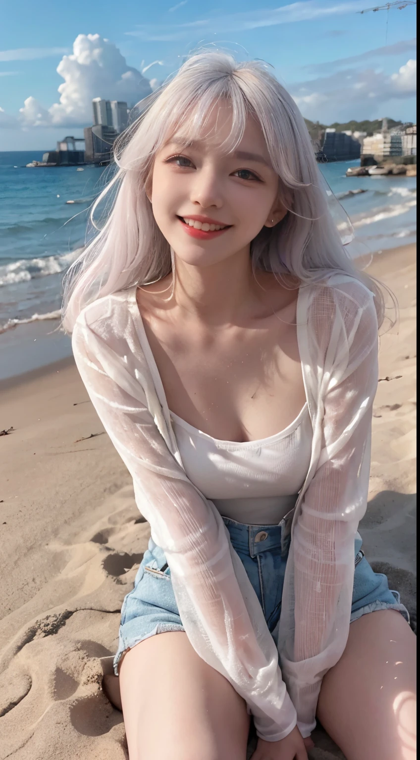 Best image quality、RAW Photos、超A high resolution、21 years old Korean、Small breasts、Dynamic Angle、Cowboy Shot、Chaos in its most beautiful form、elegant、Brutalist Design、Vibrant colors、Beautiful white hair、Short Bob、smile、fun、smile、Glowing White Skin、Beautiful eyes with random colors、Very thin lips、Beautiful eyes in every detail、 Narrow eyes、Cheeks are pale pink、Eyelash length、Beautiful double eyelids、eye shadow、Bright white hair、Overalls、Lightweight see-through jacket、Sandy Beach、sit、Shooting from above at an angle、Low Angle、The wind is blowing、Hair fluttering、boost mood、Full body photo