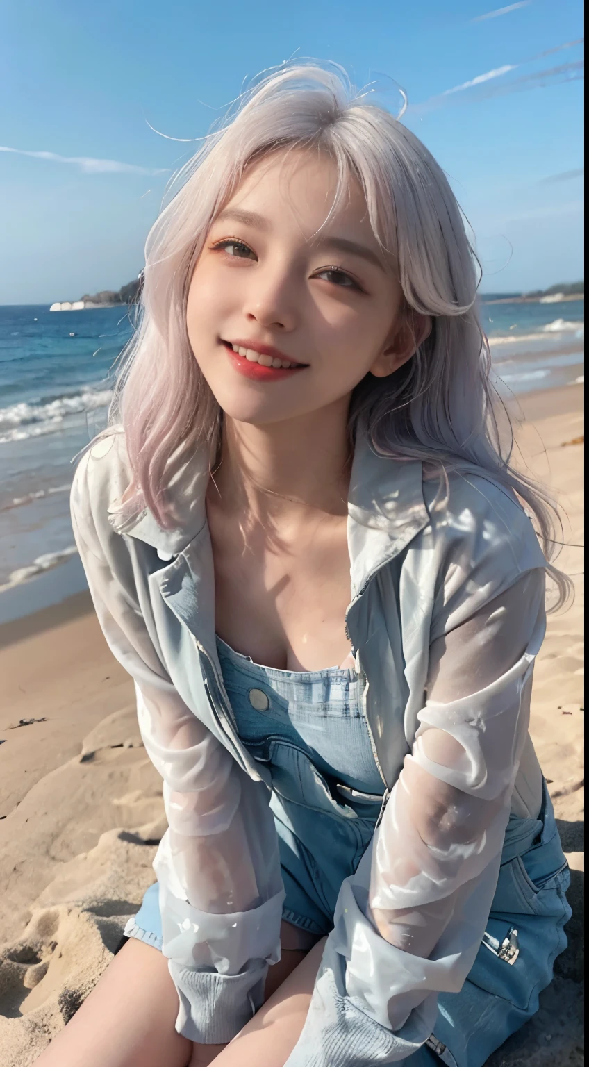 Best image quality、RAW Photos、超A high resolution、21 years old Korean、Small breasts、Dynamic Angle、Cowboy Shot、Chaos in its most beautiful form、elegant、Brutalist Design、Vibrant colors、Beautiful white hair、Short Bob、smile、fun、smile、Glowing White Skin、Beautiful eyes with random colors、Very thin lips、Beautiful eyes in every detail、 Narrow eyes、Cheeks are pale pink、Eyelash length、Beautiful double eyelids、eye shadow、Bright white hair、Overalls、Lightweight see-through jacket、Sandy Beach、sit、Shooting from above at an angle、Low Angle、The wind is blowing、Hair fluttering、boost mood、Full body photo
