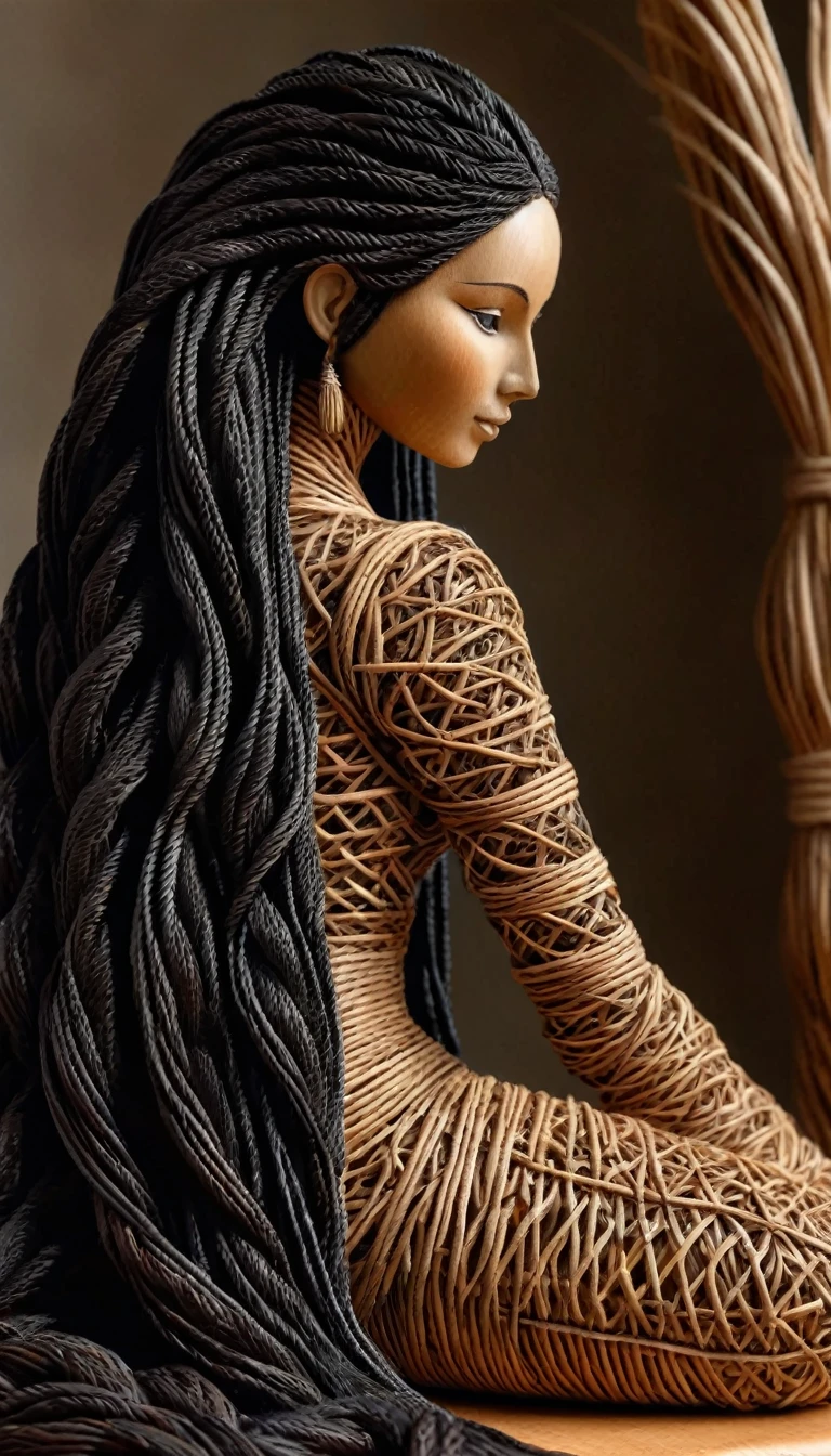 Sculpture du corp d'une sublime grande femme moderne faite en rotin tressés, corps entier, highly detailed rattan, very long black hair in dark raffia rope braids , Sculpture très détaillé, (proportions parfaites, sublime poitrine effet push-up, long sublime legs very detailed, marche vers moi, me regarde droit dans les yeux, two perfectly detailed bare feet, fine and detailed hands, Perfect face very detailed), (Best quality, 8k,masterpiece:1.2, hyperRéaliste:1.2), ((marche vers moi, me fait face))