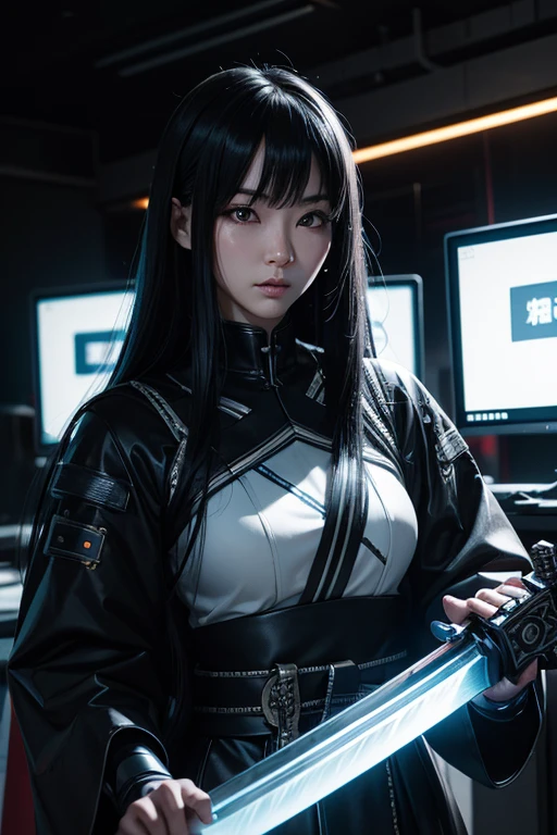 High resolution、8k、Digital Cyberpunk Art、Long black hair、Wear cyberpunk white and blue samurai armor、Japanese women、Medium chest、In front of countless monitors、(hand holding shining mechanical sword, gripping shining mechanical sword in hand)