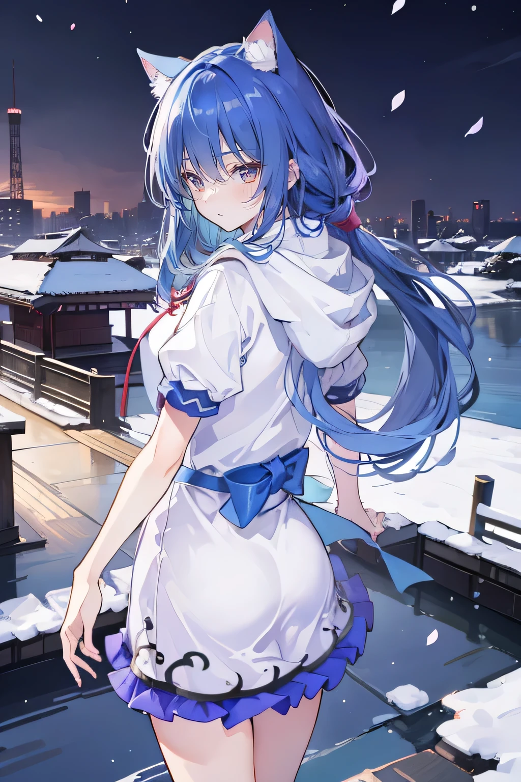(best quality,4k,8k,highres,masterpiece:1.2),ultra-detailed,(realistic,photorealistic,photo-realistic:1.37), expressive eyes, fair skin, perfect face shape, 1 girl, Japanese comics, gorgeous blue hair, flowing blue hair, flowing clothes, cat ears, falling petals, beautiful lola, baby angel, shaking head with one hand, cross your legs, gentle and peaceful background, cool and comfortable pavilion, smile, wearing hoodie, background of Tokyo, back views, snowing, winter, hand on mouth.