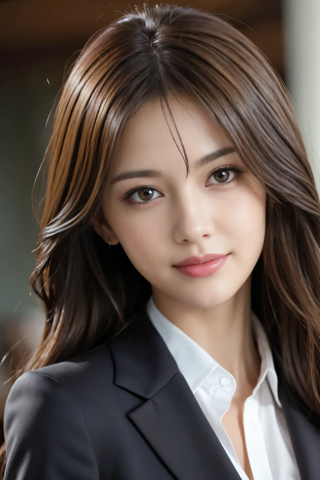 Tabletop, highest quality, Realistic, Super detailed, In detail, High resolution, 8k wallpaper, 1. Beautiful Women,, Light brown messy hair, Wearing a business suit, Sharp focus, Perfect dynamic composition, Beautiful fine details, Fine hair, Detailed and realistic skin texture, smile, Close-up portrait, Model Body Type