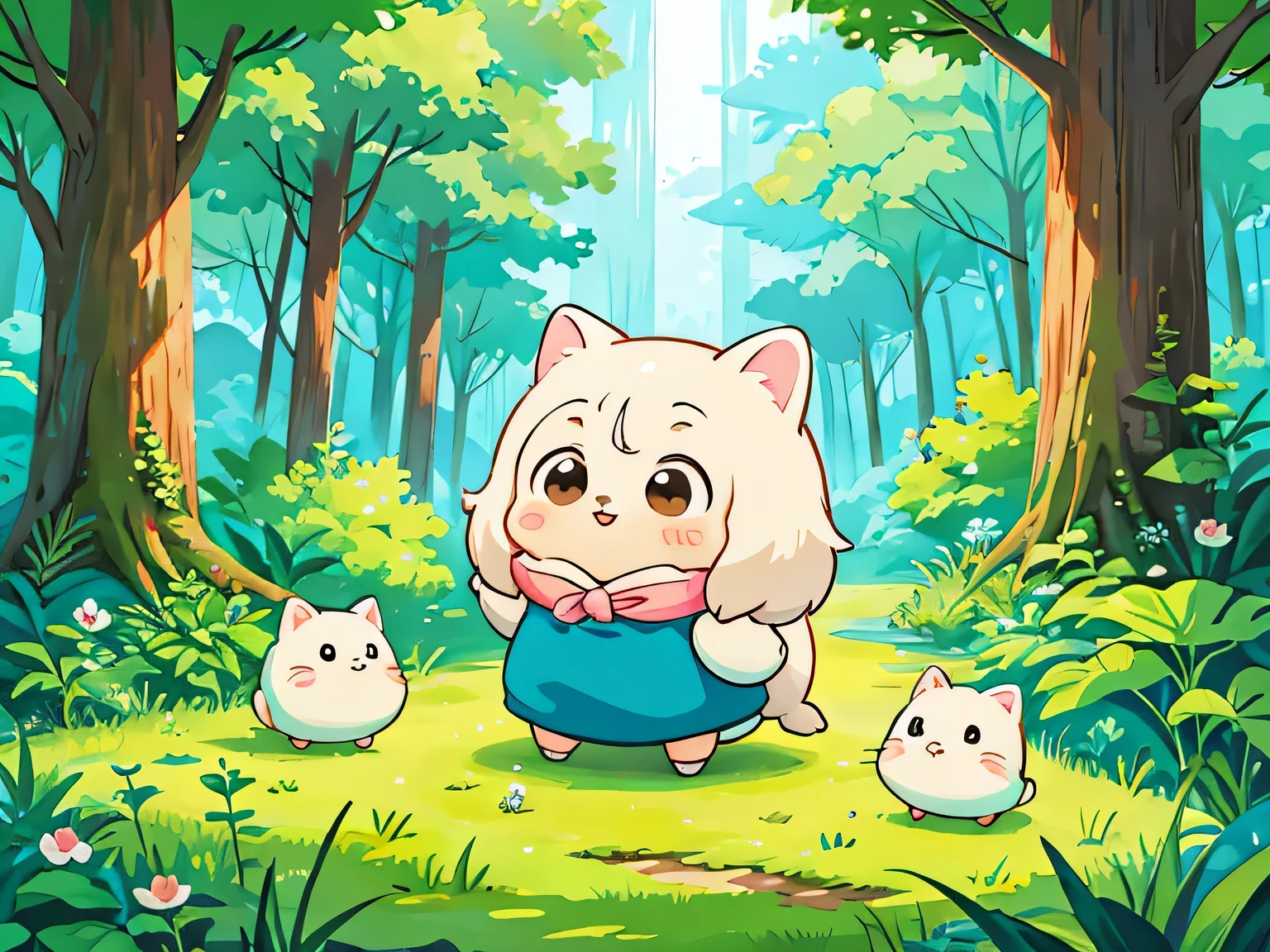 Hayao Miyazaki style, Kawaii Design, The most beautiful girl of all time、Chibi, play together、Colorful and cute forest animals