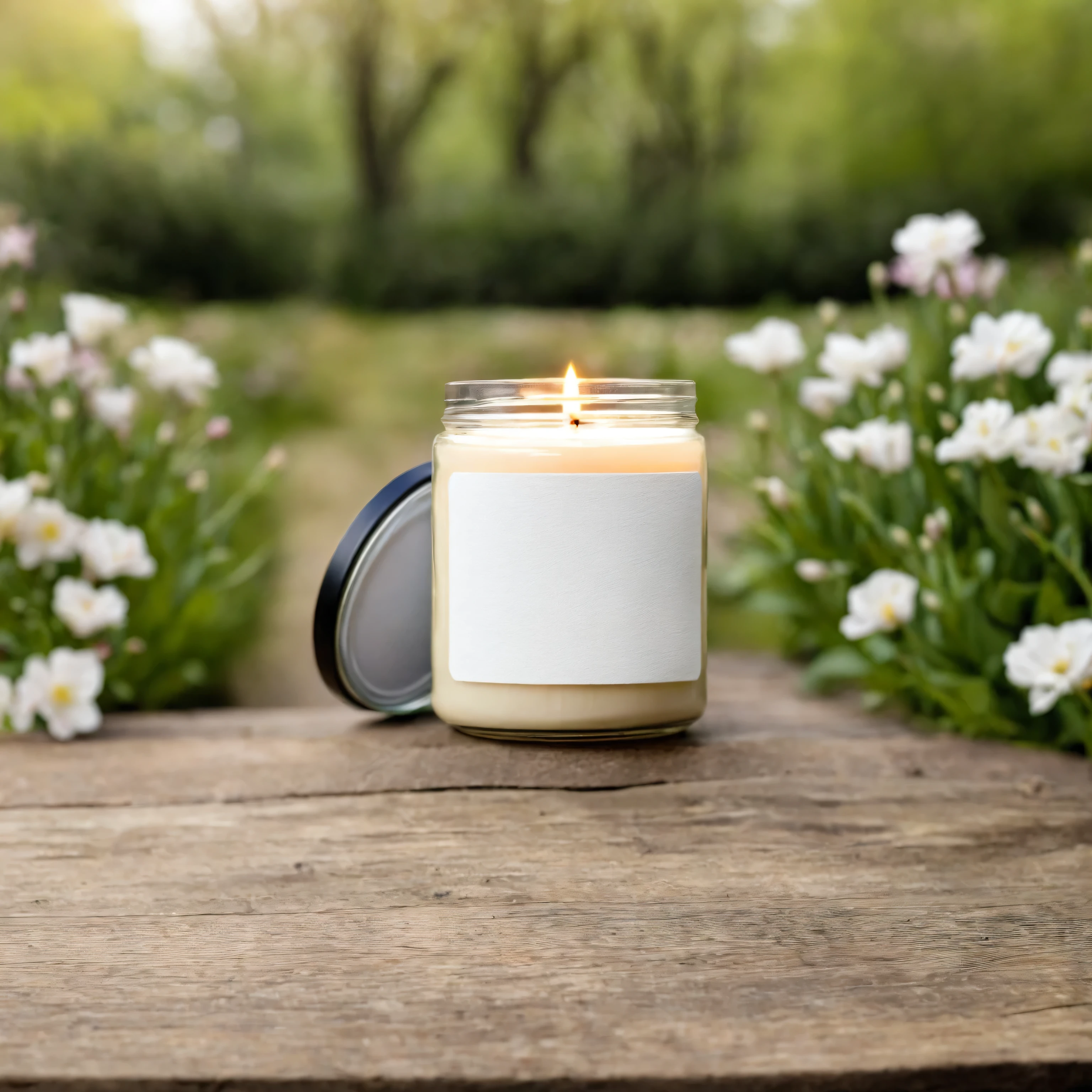 Mockup empty, a blank small beige candle in a jar with white label and black lid standing on a rustic wooden surface, with spring garden in the background, flowers and trees blooming, sony a7 camera, 50mm lens, shallow depth of field macro photography