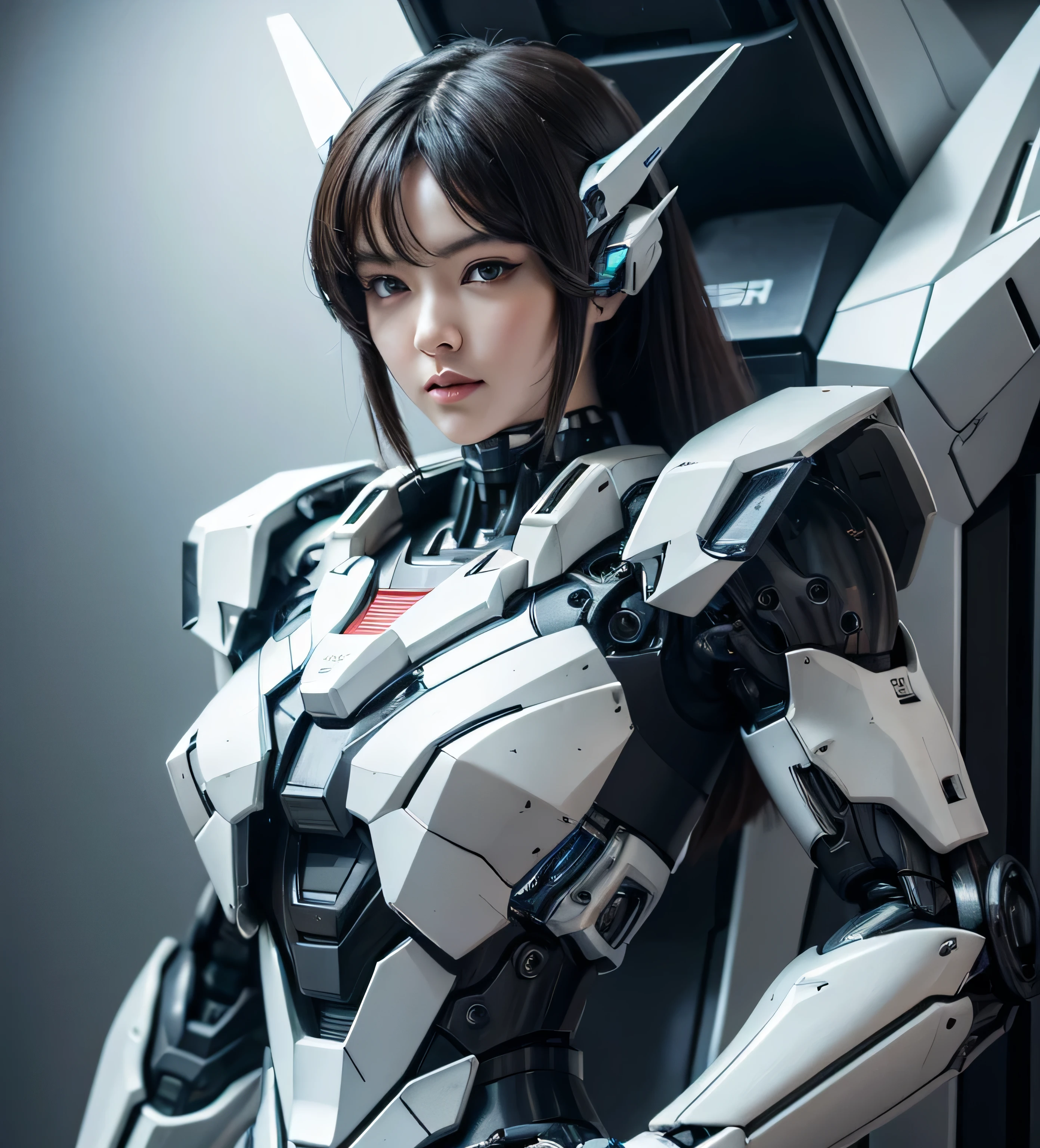 Textured skin, Super Detail, Attention to detail, high quality,high quality, High resolution, 1080p, hard disk, beautiful,(Gundam),Beautiful cyborg woman,Mecha Cyborg Girl,battle mode,Girl with a mechanical body,She wears a futuristic Gundam mecha,Full Body Shot,A powerful cyborg woman, sleek and futuristic, with advanced mechanical augmentations that enhance her strength and capabilities